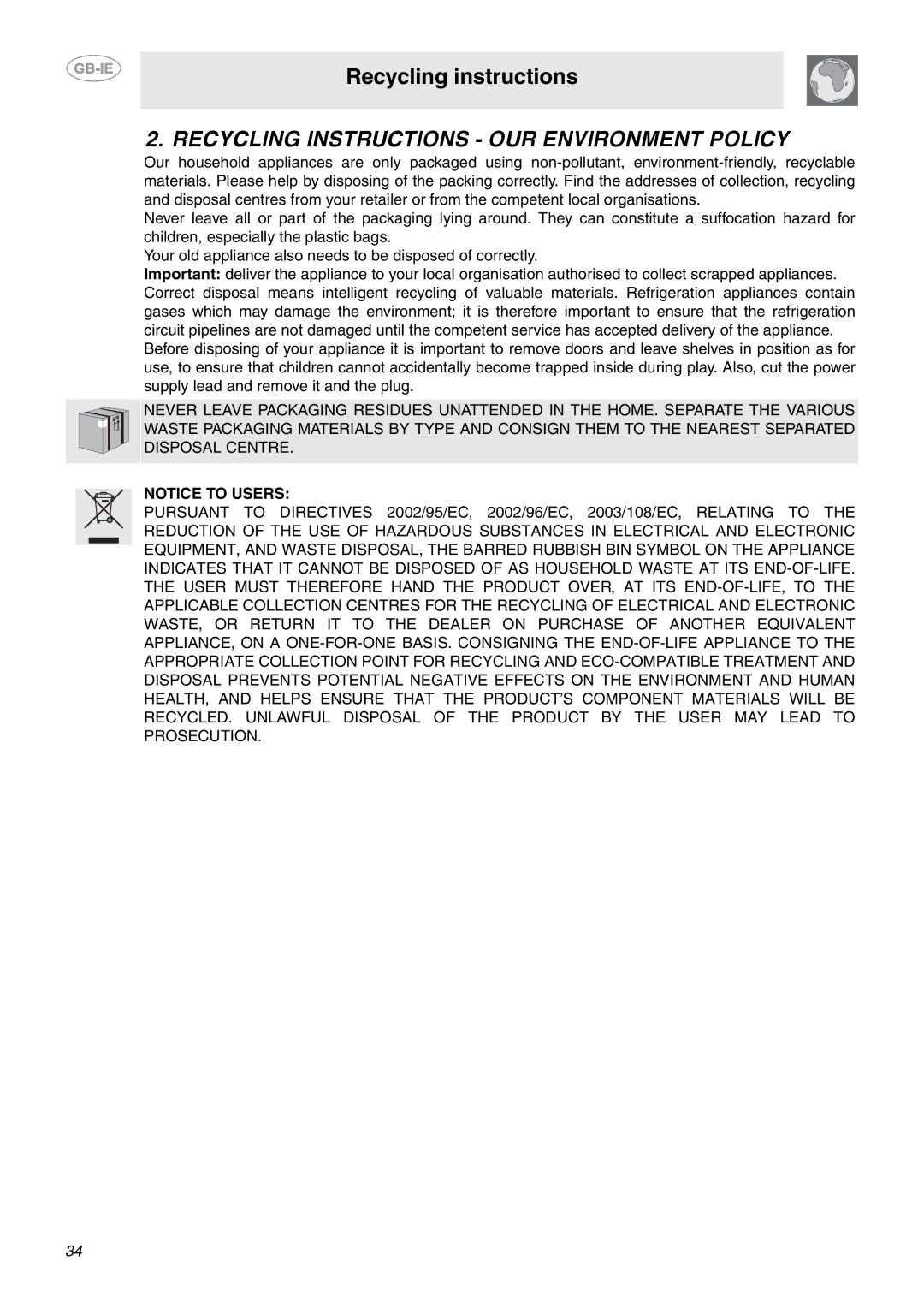 Smeg CE6IPX manual Recycling Instructions OUR Environment Policy 