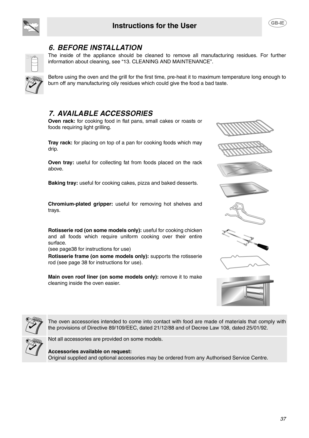 Smeg CE6IPX manual Before Installation, Available Accessories, Accessories available on request 