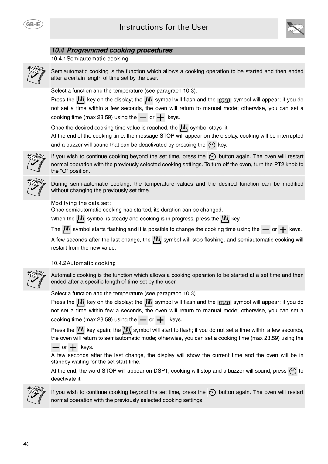 Smeg CE92CMX Programmed cooking procedures, 10.4.1Semiautomatic cooking, Modifying the data set, 10.4.2Automatic cooking 