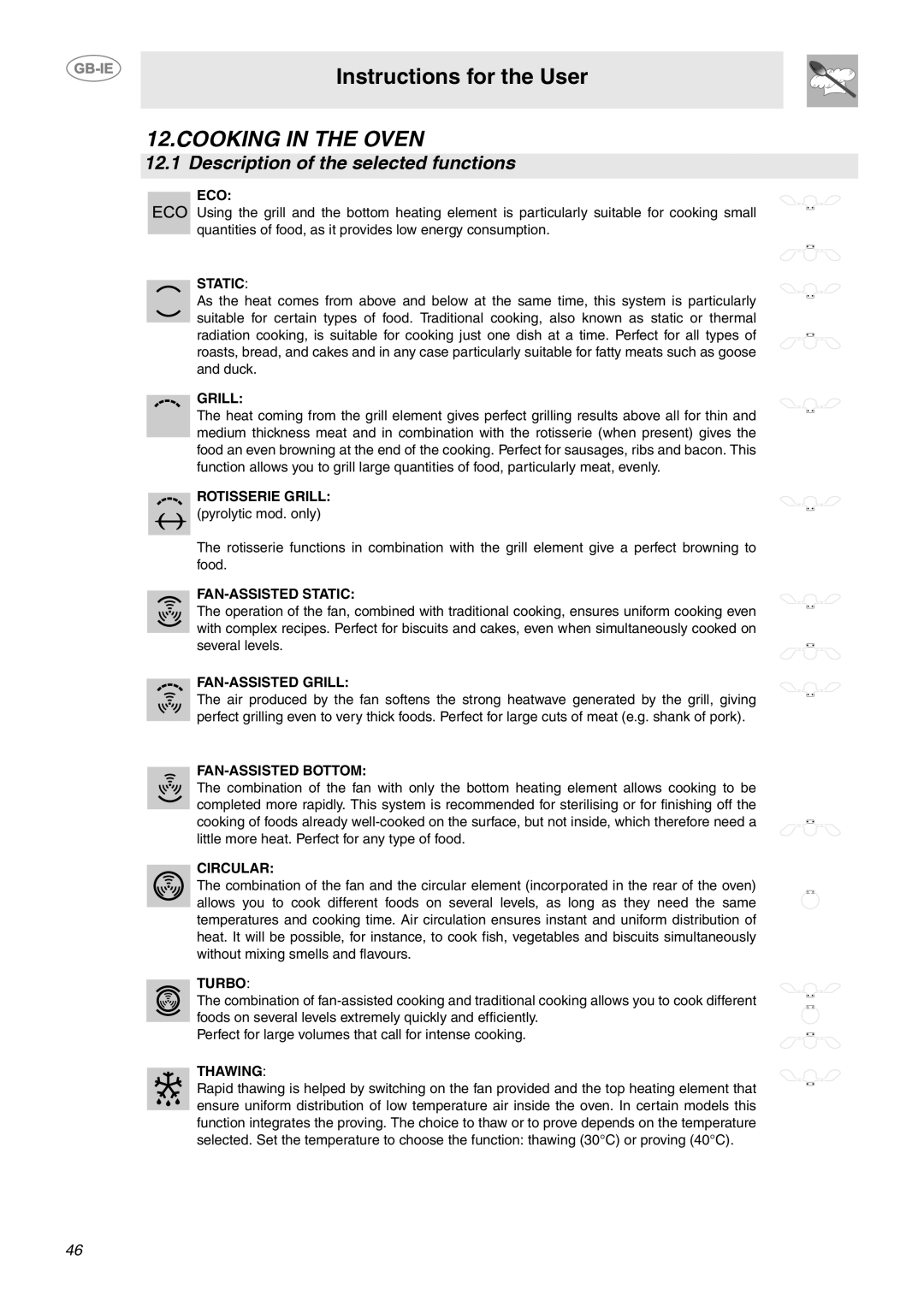 Smeg CE92CMX manual Cooking in the Oven, Description of the selected functions 