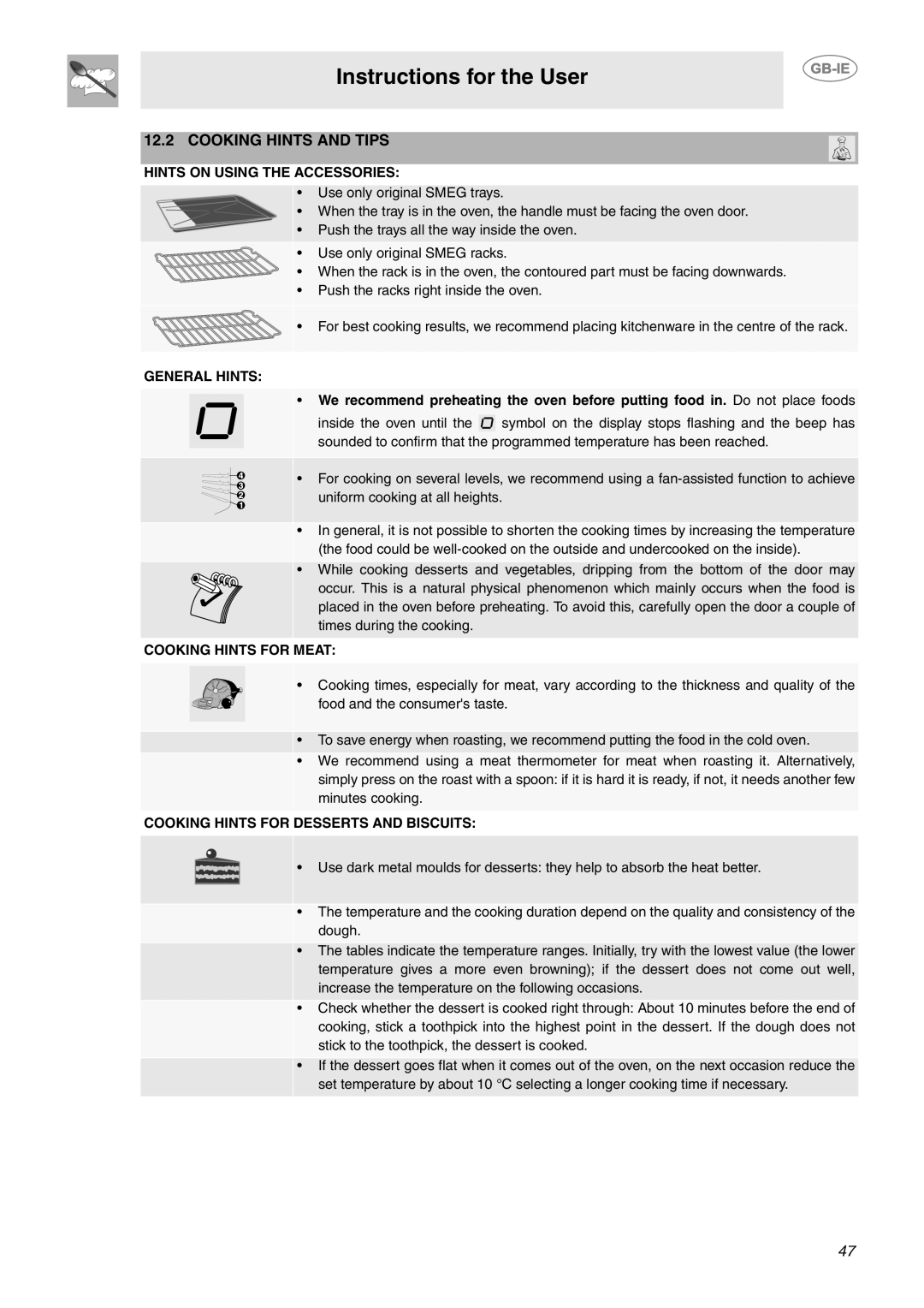 Smeg CE92CMX manual Cooking Hints and Tips, Hints on Using the Accessories 