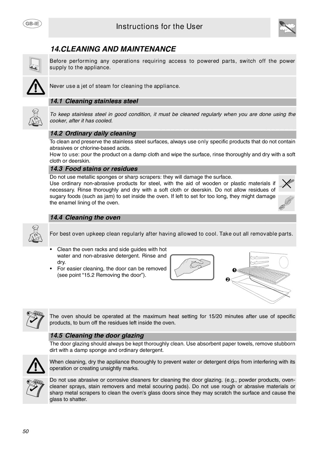 Smeg CE92CMX manual Cleaning and Maintenance 