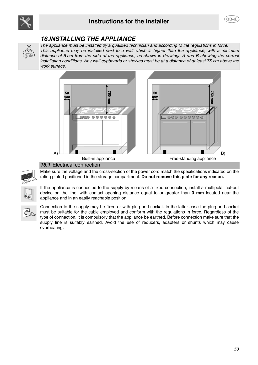 Smeg CE92CMX manual Installing the Appliance, Electrical connection 