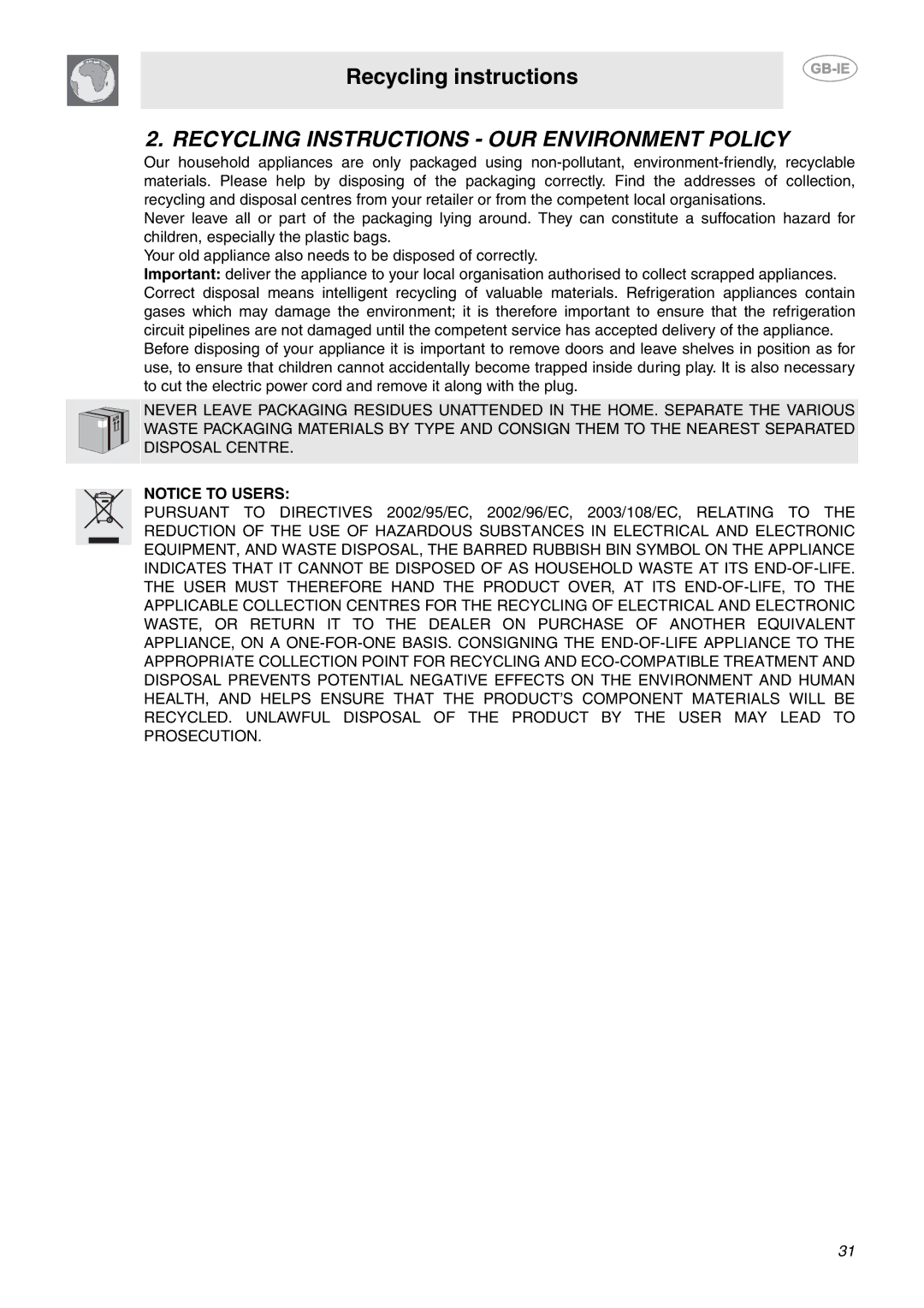 Smeg CE92CMX manual Recycling Instructions OUR Environment Policy 