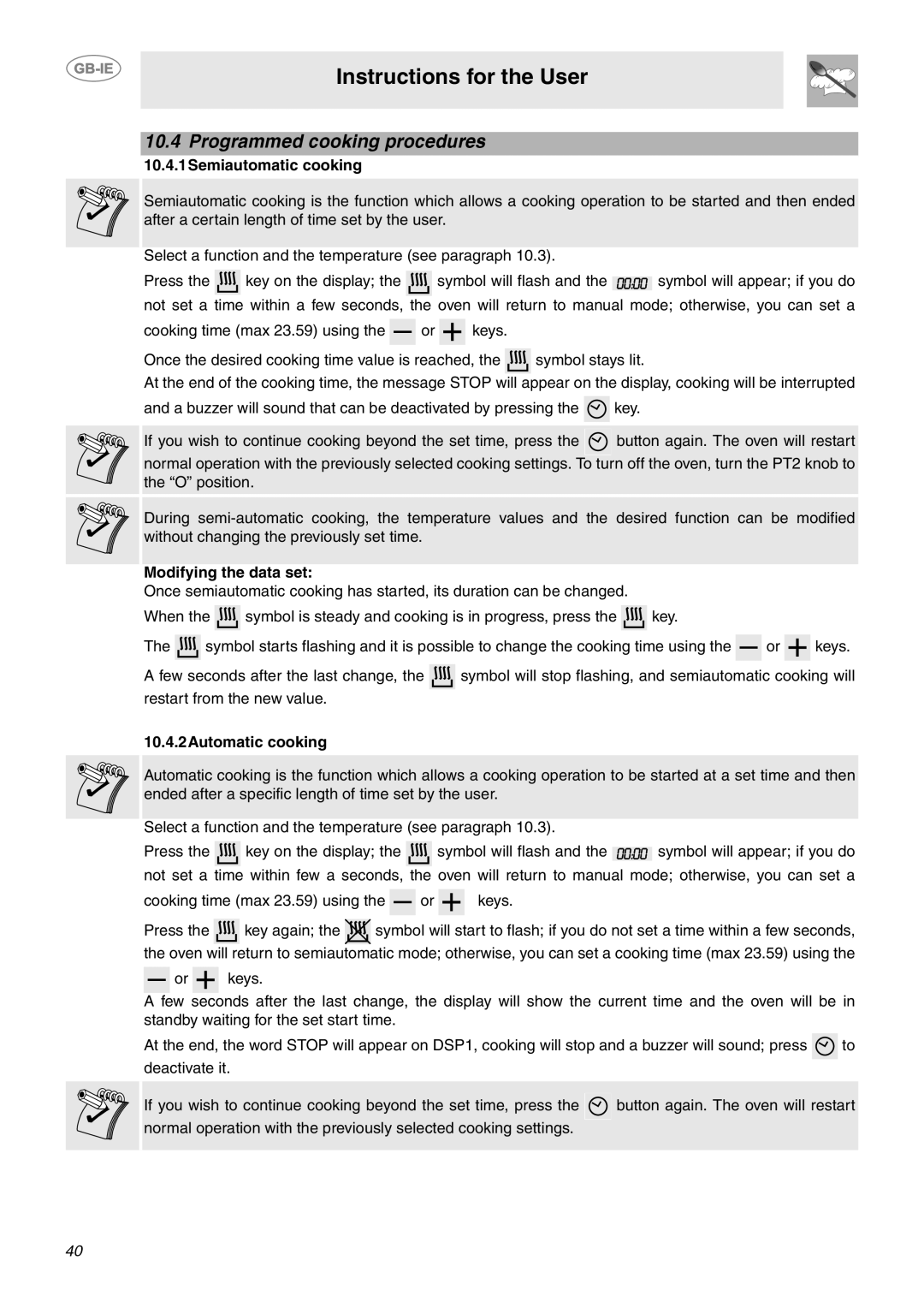 Smeg CE92CMX Programmed cooking procedures, Instructions for the User, 10.4.1Semiautomatic cooking, Modifying the data set 