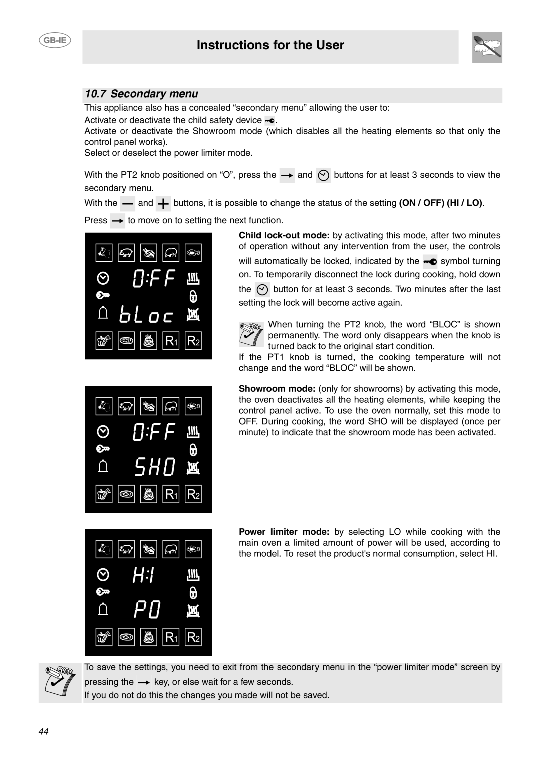 Smeg CE92CMX manual Secondary menu, Instructions for the User 