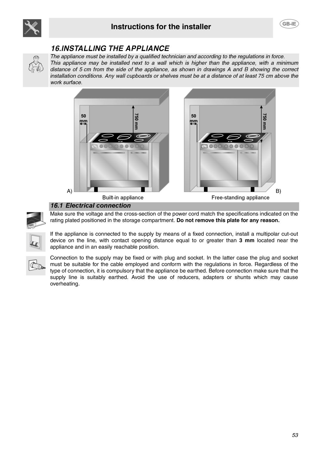 Smeg CE92CMX manual Instructions for the installer, Installing The Appliance, 16.1Electrical connection 
