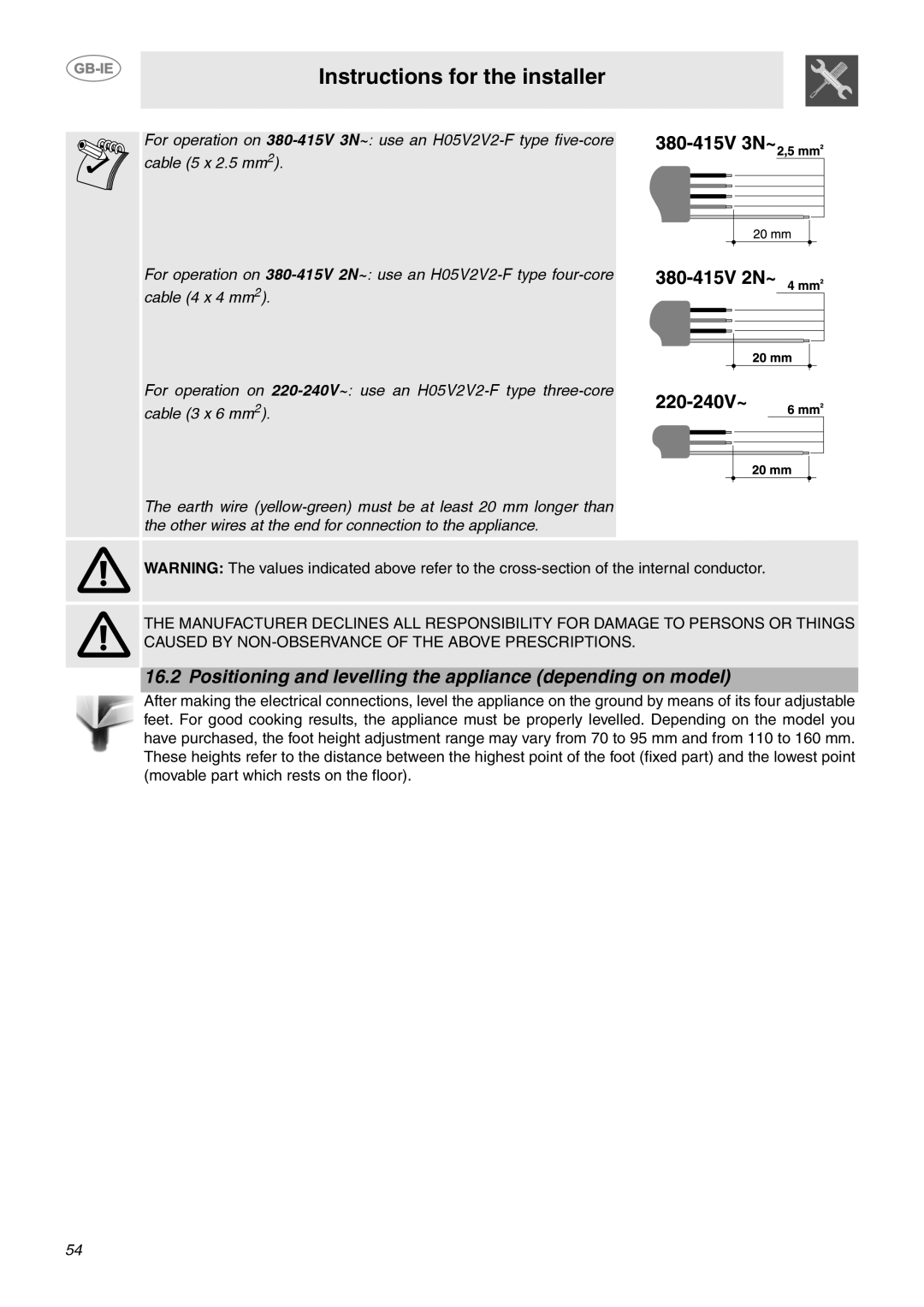 Smeg CE92CMX Instructions for the installer, For operation on 380-415V3N~ use an H05V2V2-Ftype five-corecable 5 x 2.5 mm2 