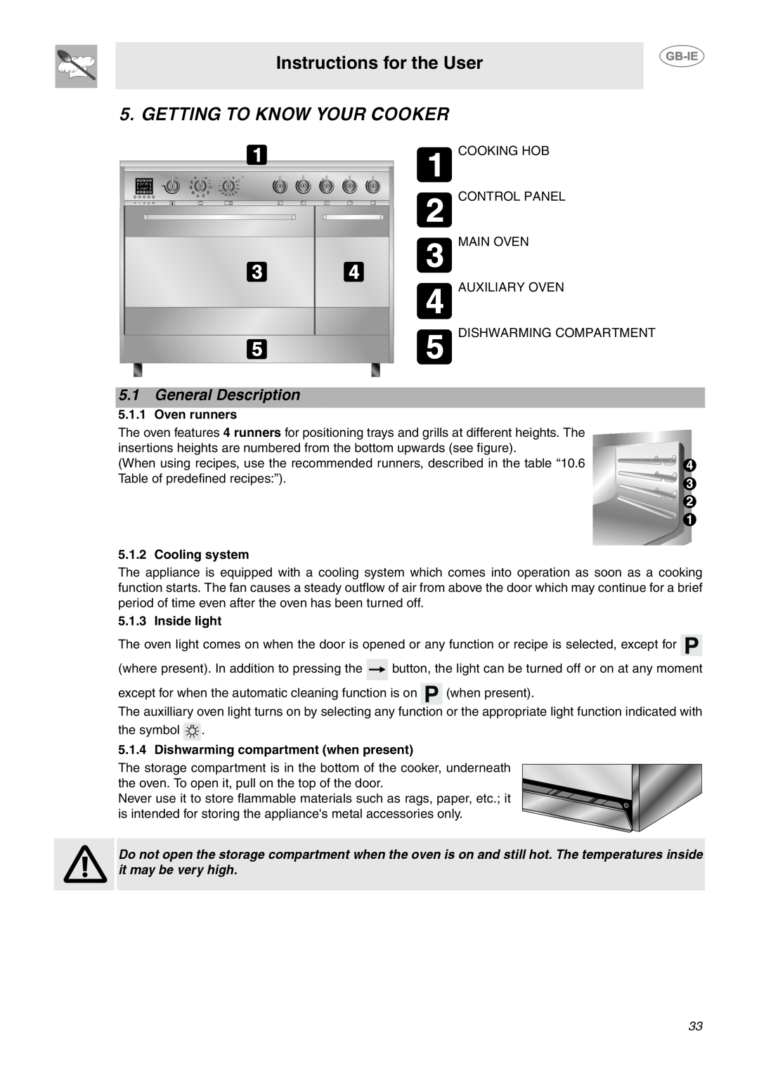 Smeg CE92CMX Instructions for the User, Getting To Know Your Cooker, General Description, Oven runners, Cooling system 