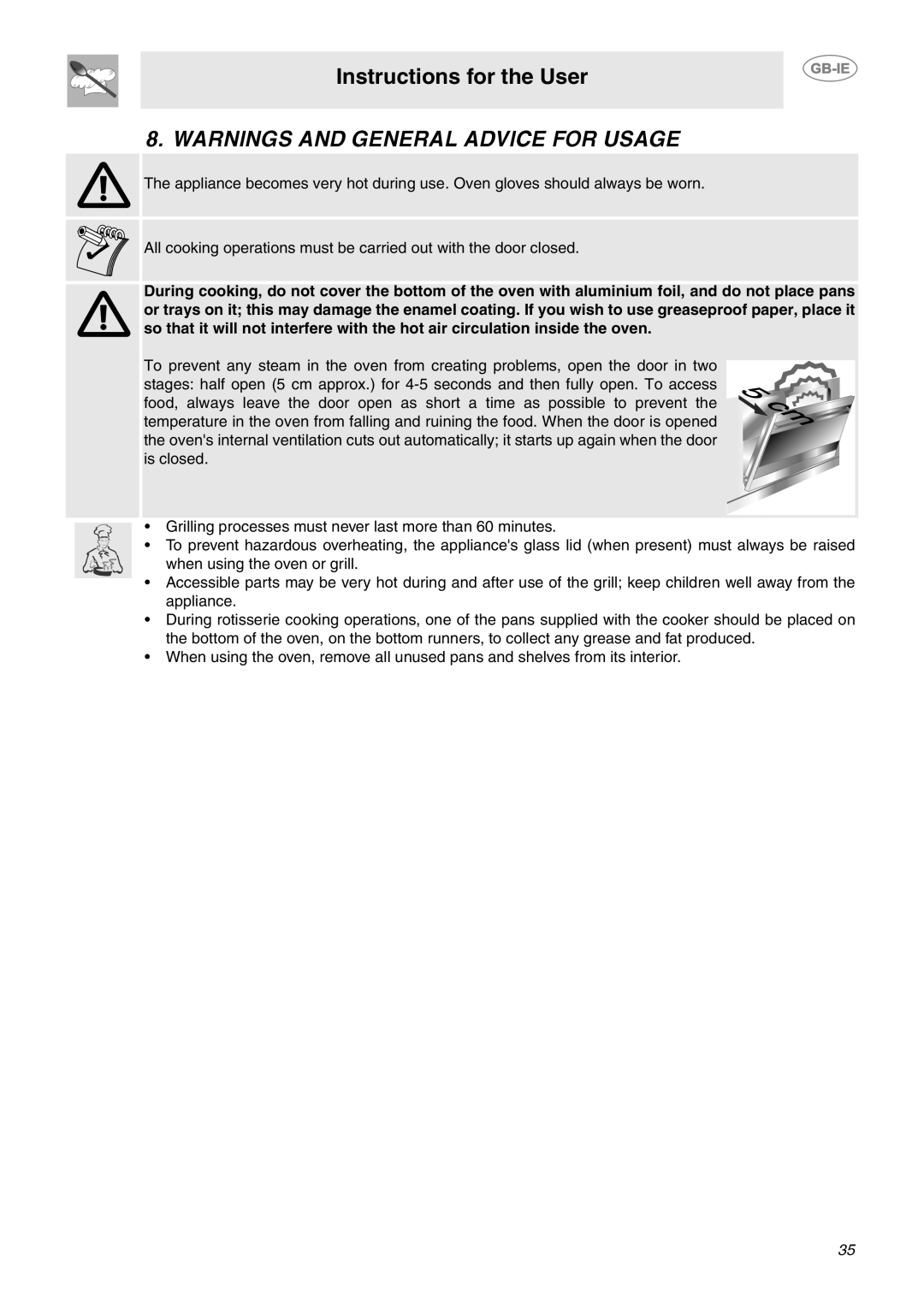 Smeg CE92CMX manual Warnings And General Advice For Usage, Instructions for the User 