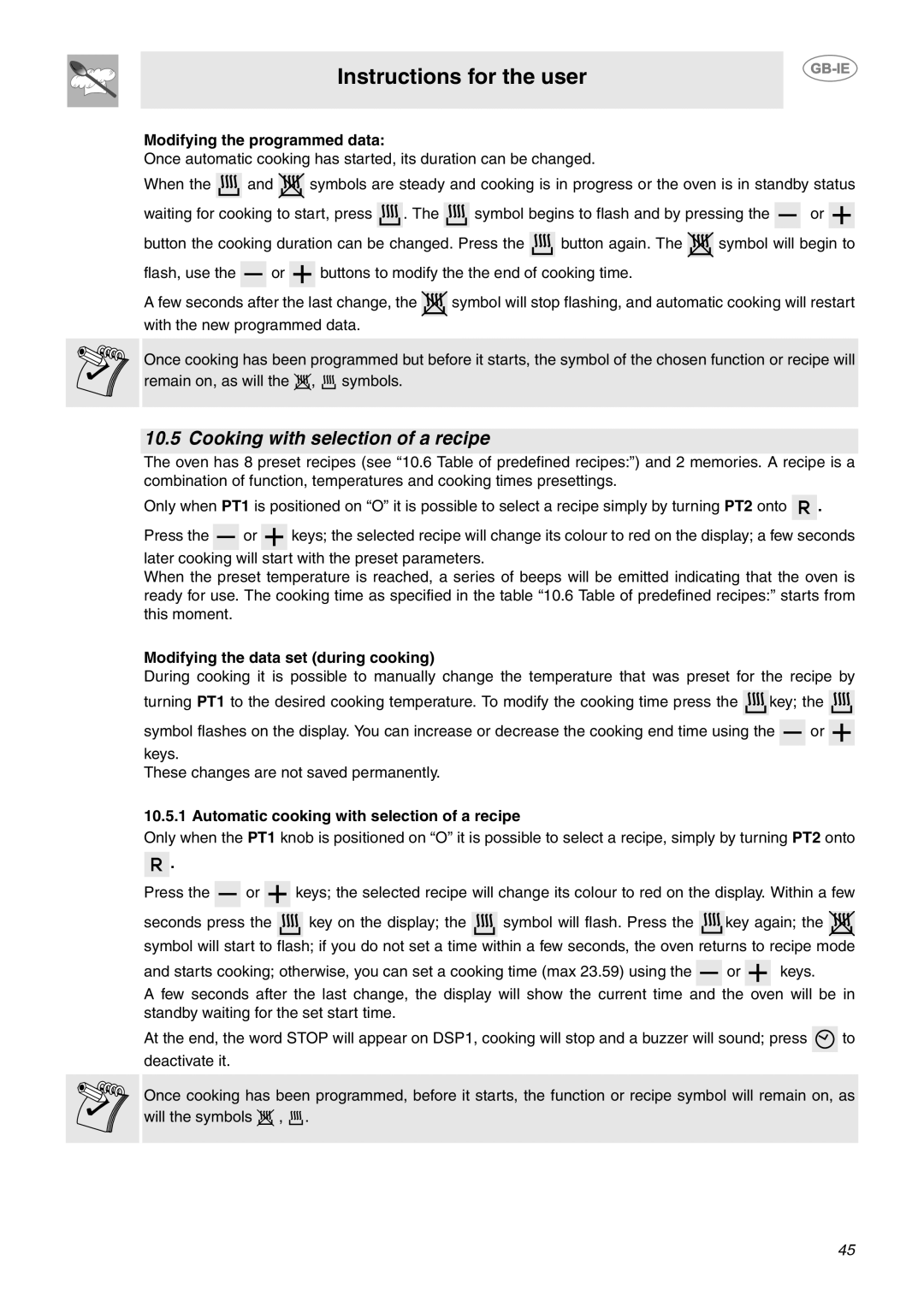 Smeg CE92GPX manual Cooking with selection of a recipe, Modifying the data set during cooking 