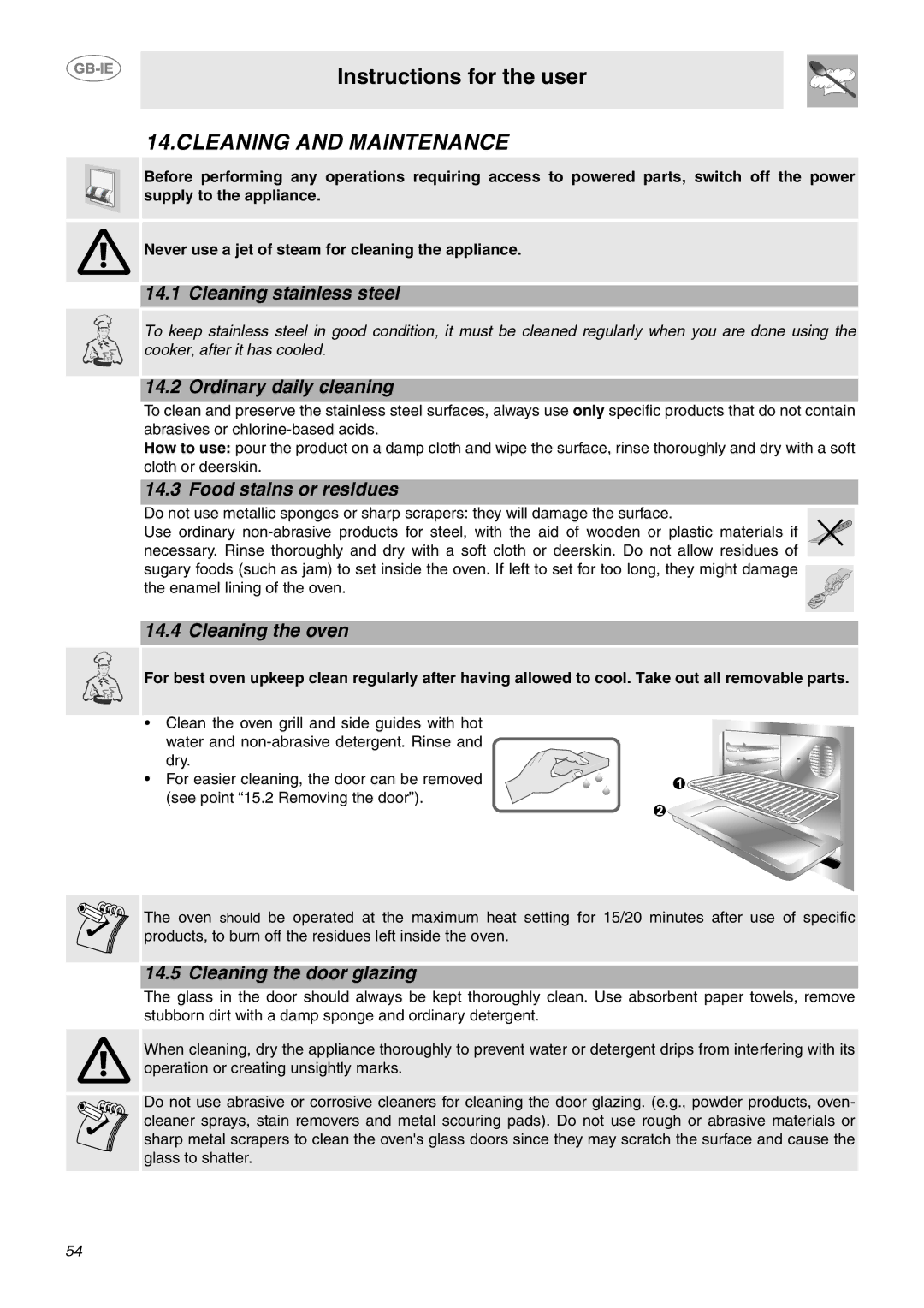 Smeg CE92GPX manual Cleaning and Maintenance 