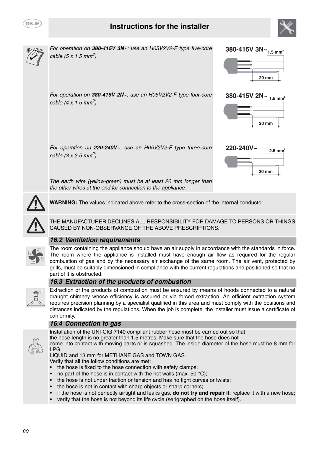 Smeg CE92GPX manual Ventilation requirements, Extraction of the products of combustion, Connection to gas 