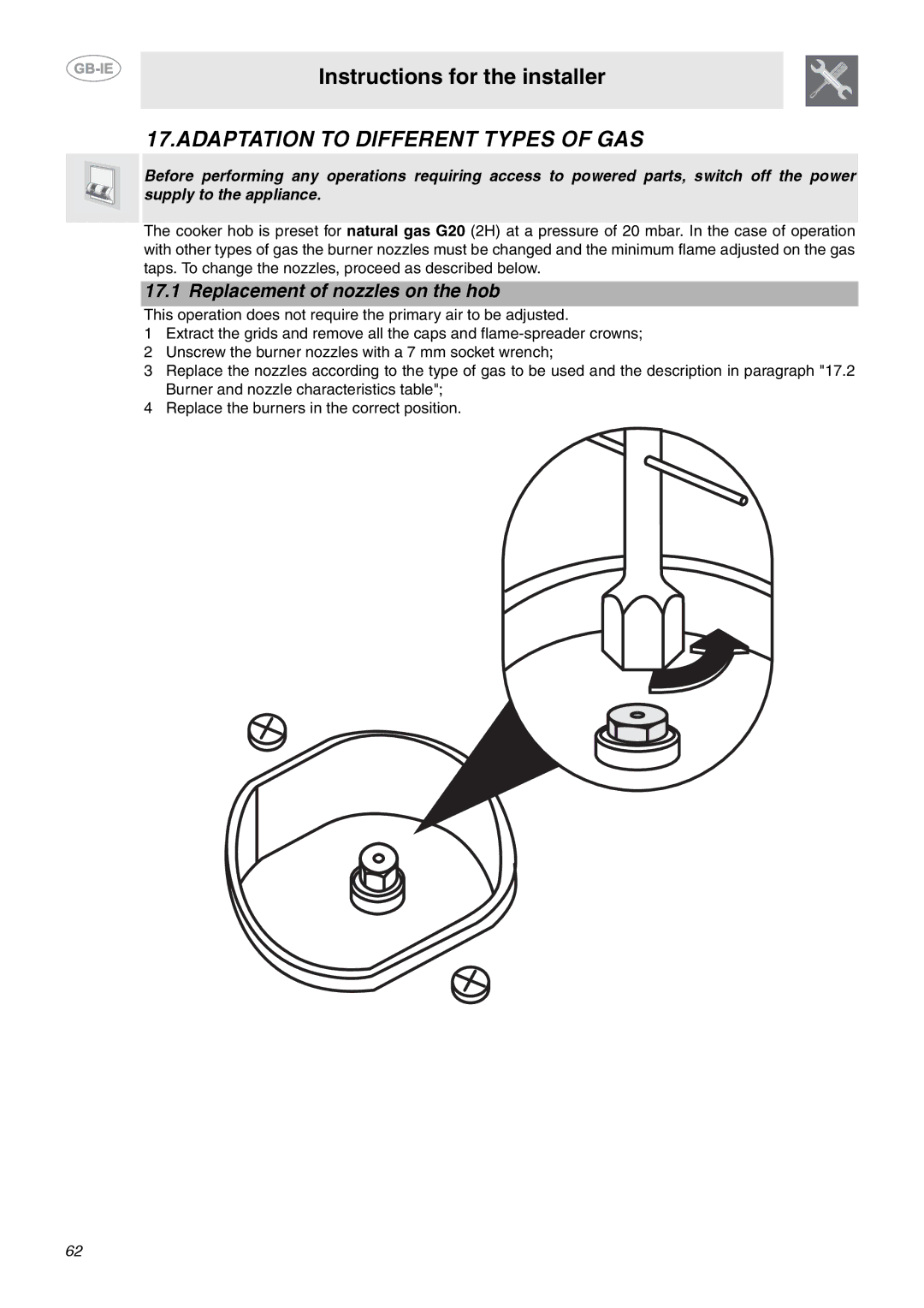 Smeg CE92GPX manual Adaptation to Different Types of GAS, Replacement of nozzles on the hob 