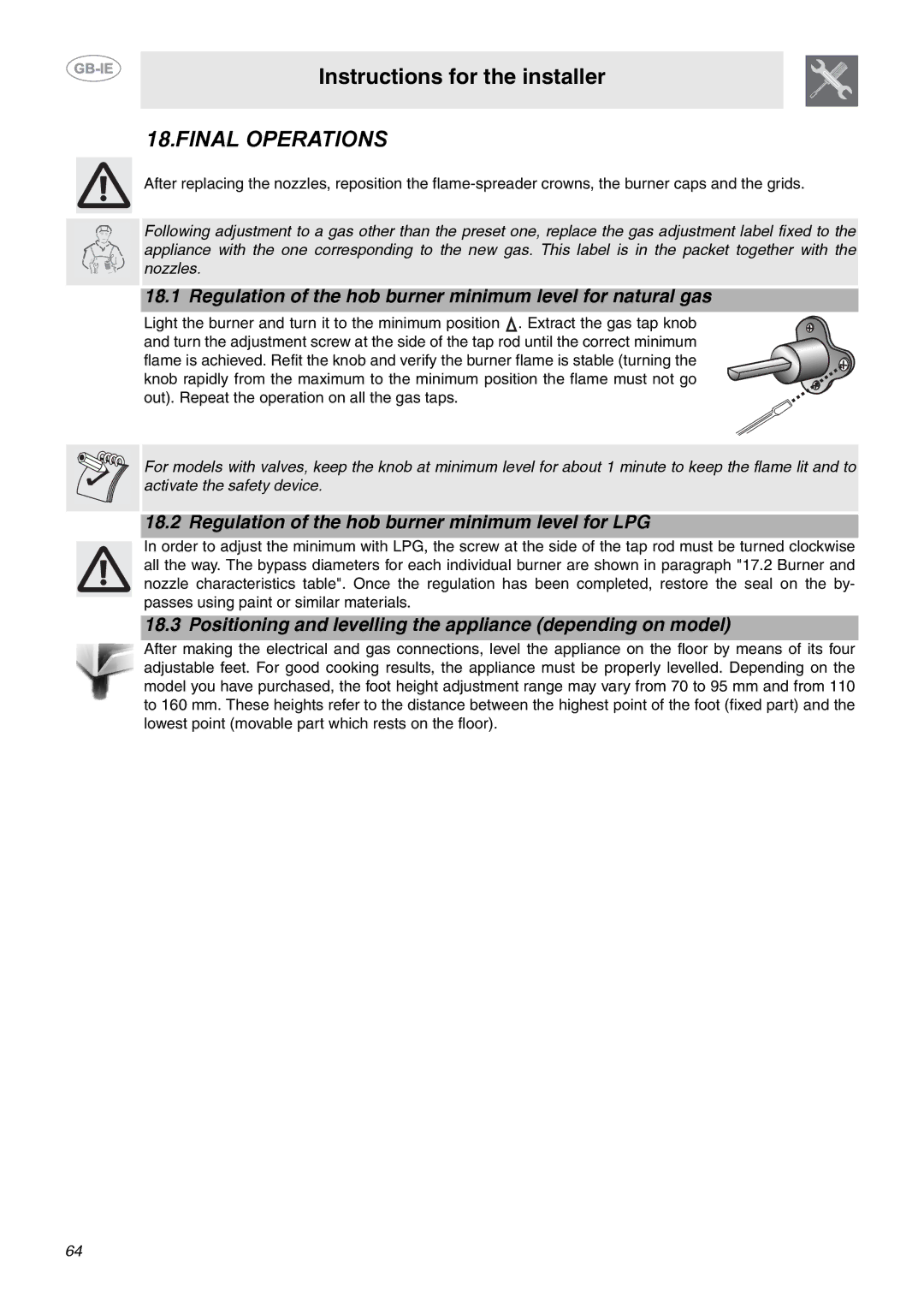 Smeg CE92GPX manual Regulation of the hob burner minimum level for natural gas 