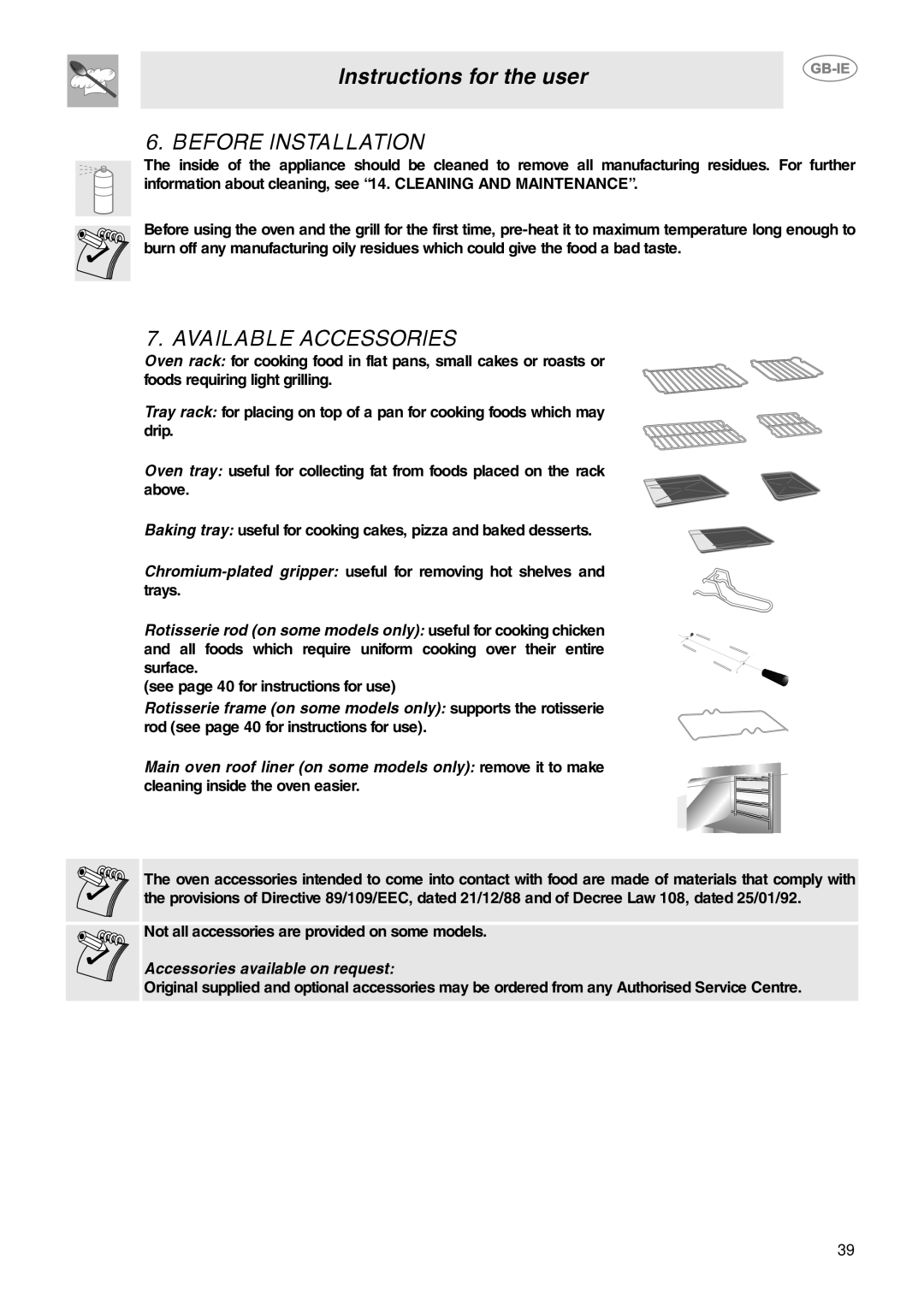 Smeg CE92GPX manual Before Installation, Available Accessories, Accessories available on request 