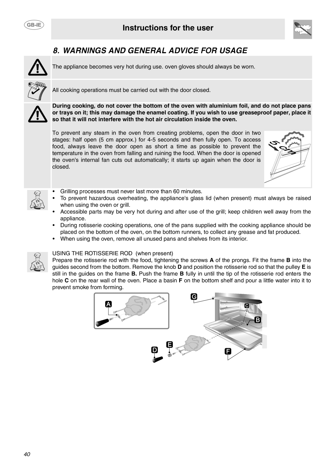 Smeg CE92GPX manual Instructions for the user 