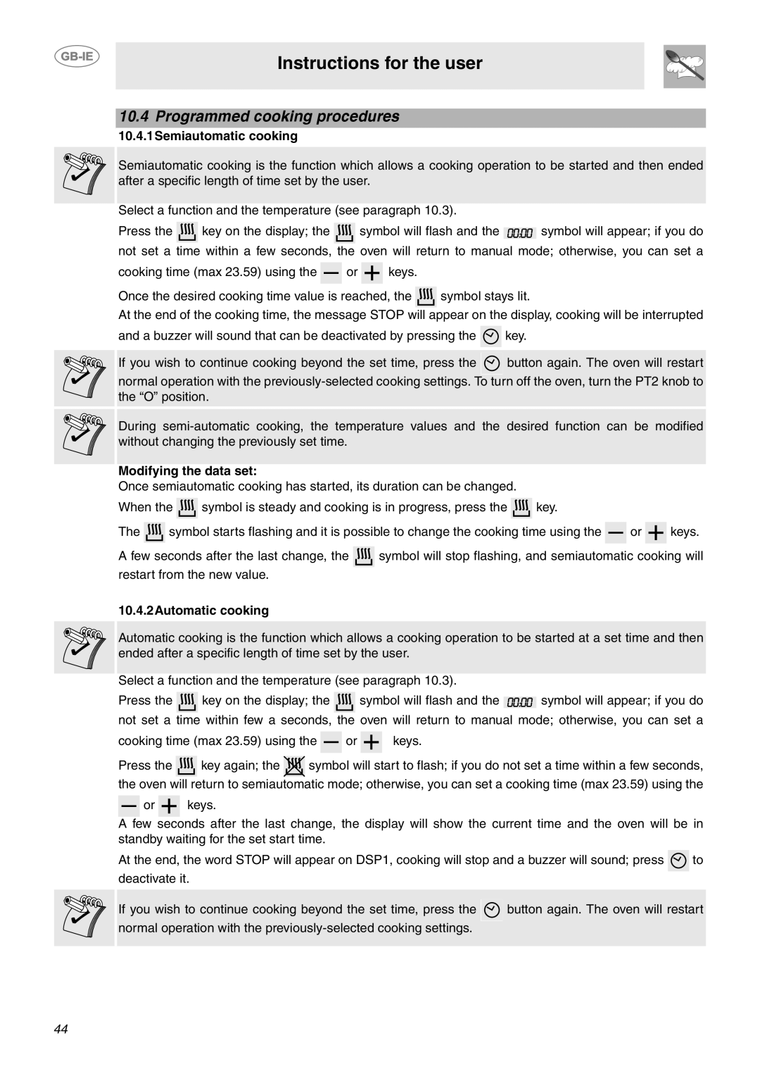 Smeg CE92GPX Programmed cooking procedures, Instructions for the user, 10.4.1Semiautomatic cooking, Modifying the data set 