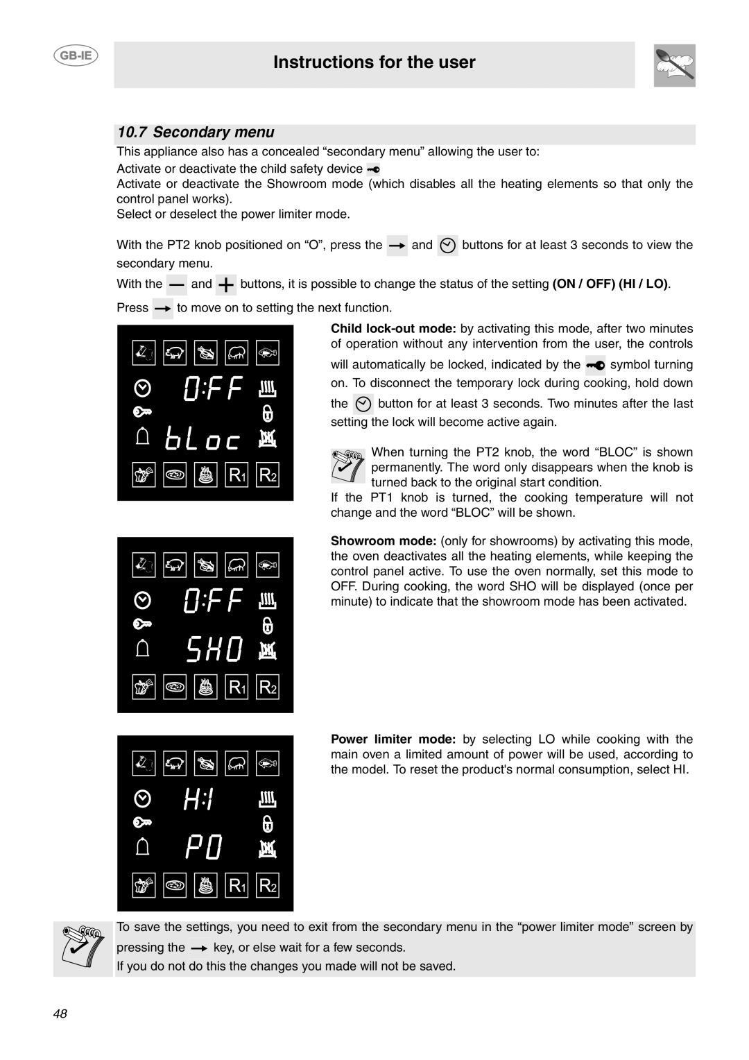 Smeg CE92GPX manual Secondary menu, Instructions for the user 