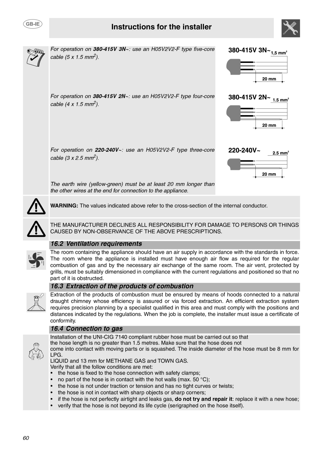 Smeg CE92GPX manual Ventilation requirements, Extraction of the products of combustion, Connection to gas 