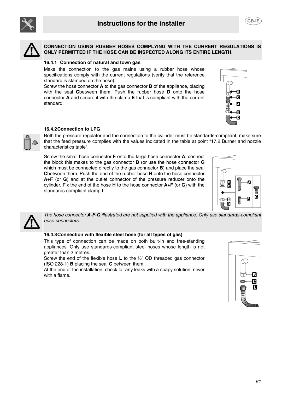 Smeg CE92GPX manual Instructions for the installer, Connection of natural and town gas, 16.4.2Connection to LPG 