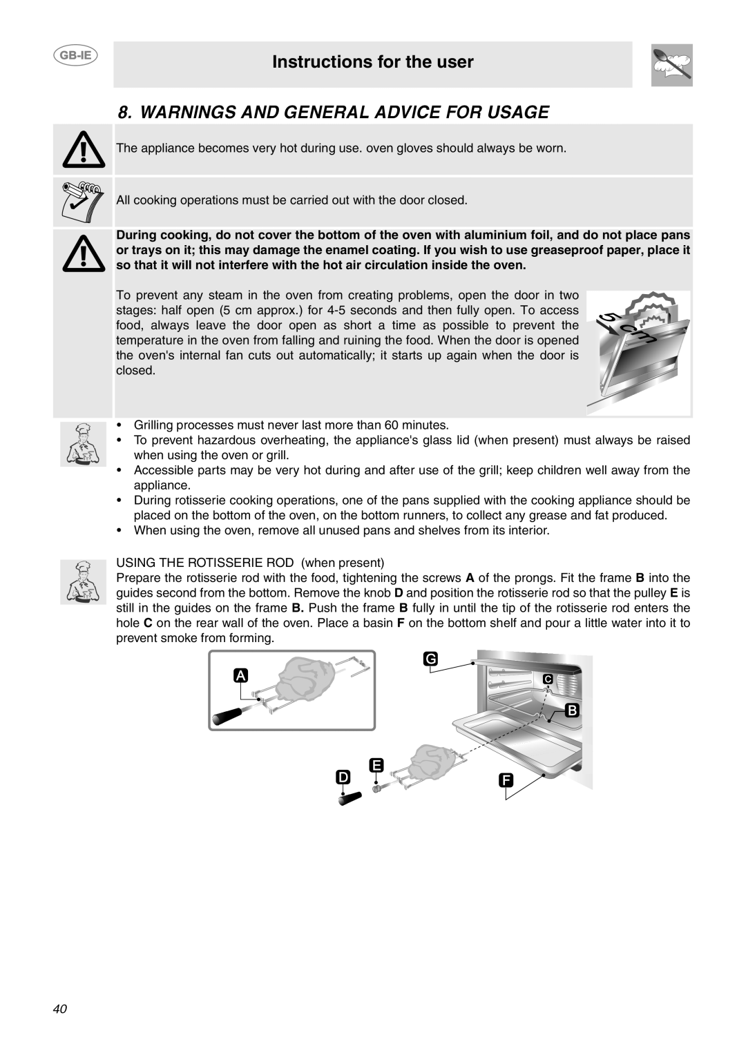 Smeg CE92GPX manual Warnings And General Advice For Usage, Instructions for the user 