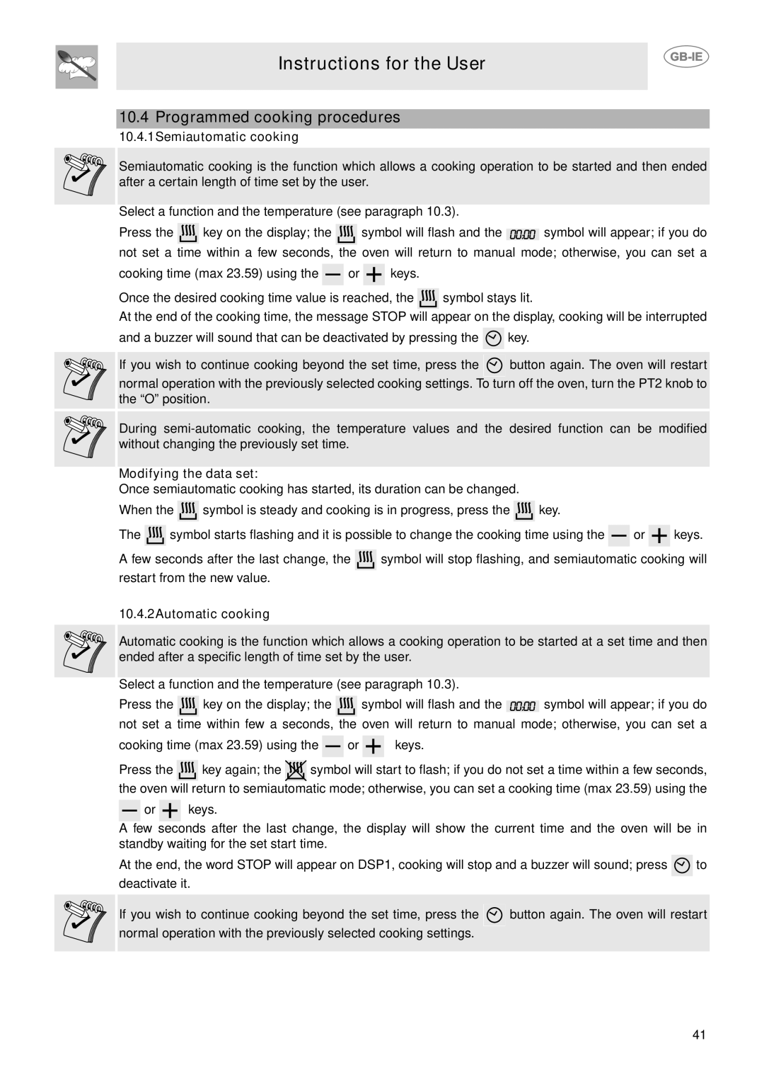 Smeg CE92IMX Programmed cooking procedures, 10.4.1Semiautomatic cooking, Modifying the data set, 10.4.2Automatic cooking 