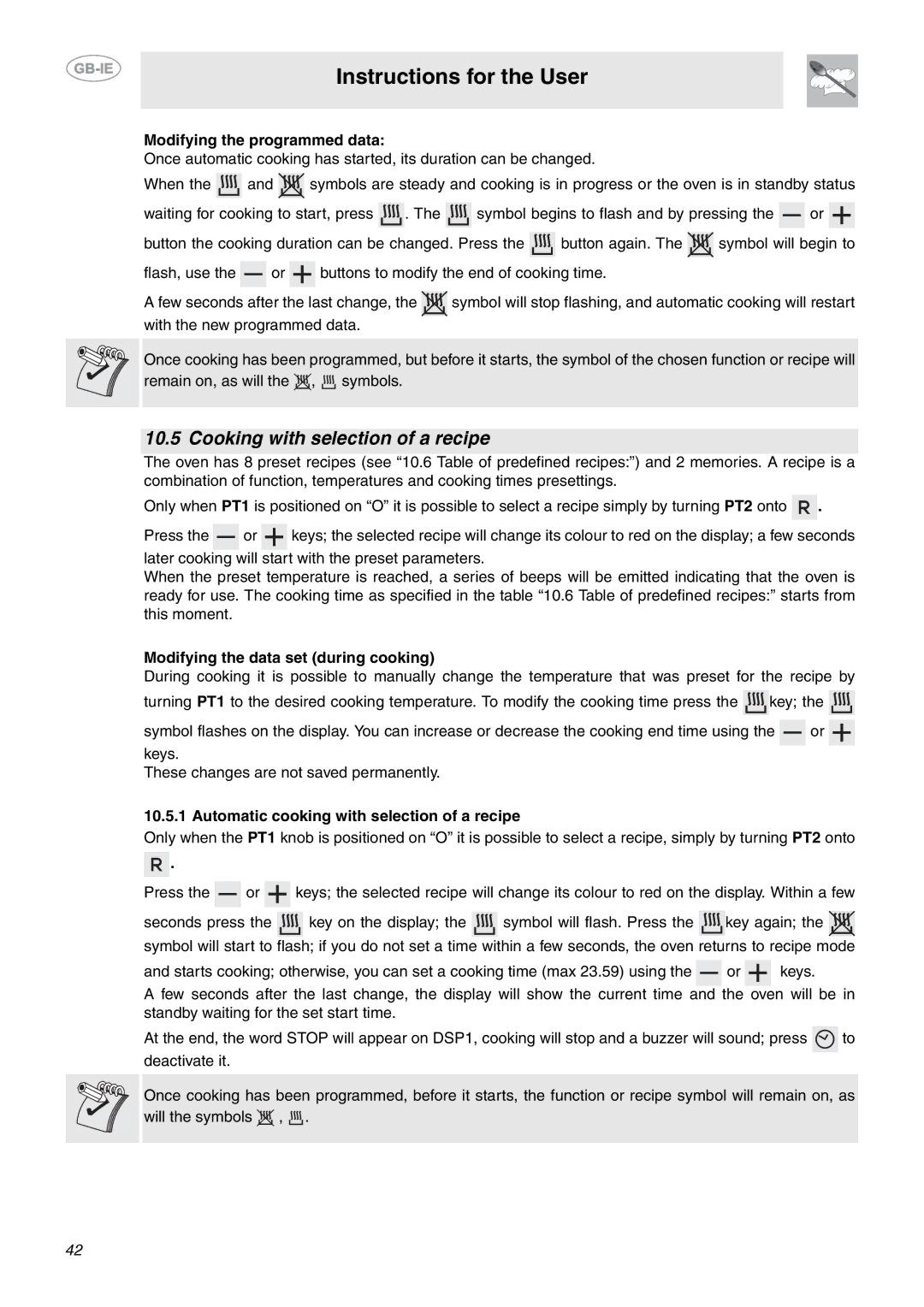 Smeg CE92IMX manual Cooking with selection of a recipe, Modifying the data set during cooking 