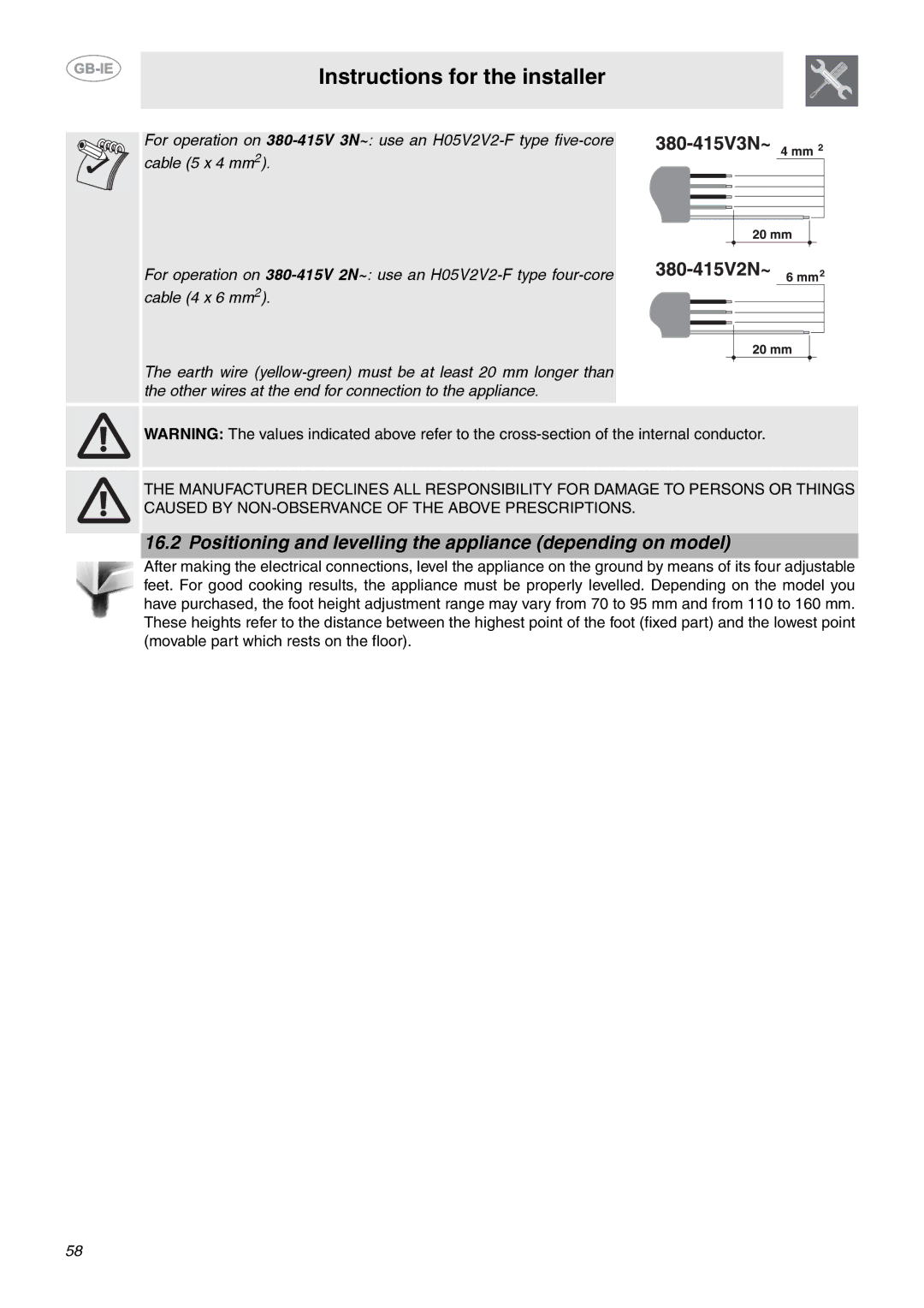 Smeg CE92IMX manual Positioning and levelling the appliance depending on model 