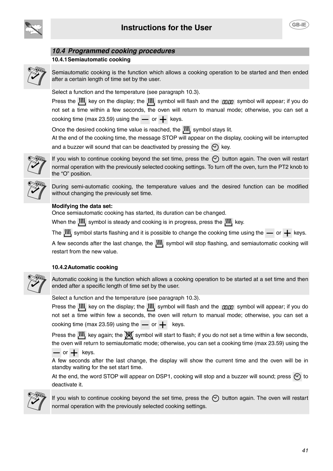 Smeg CE92IMX Programmed cooking procedures, Instructions for the User, 10.4.1Semiautomatic cooking, Modifying the data set 