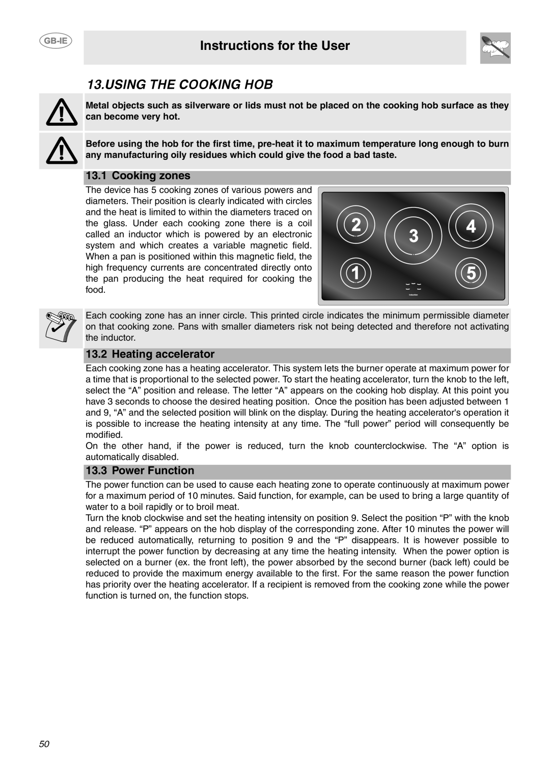 Smeg CE92IMX manual Using The Cooking Hob, Cooking zones, Heating accelerator, Power Function, Instructions for the User 