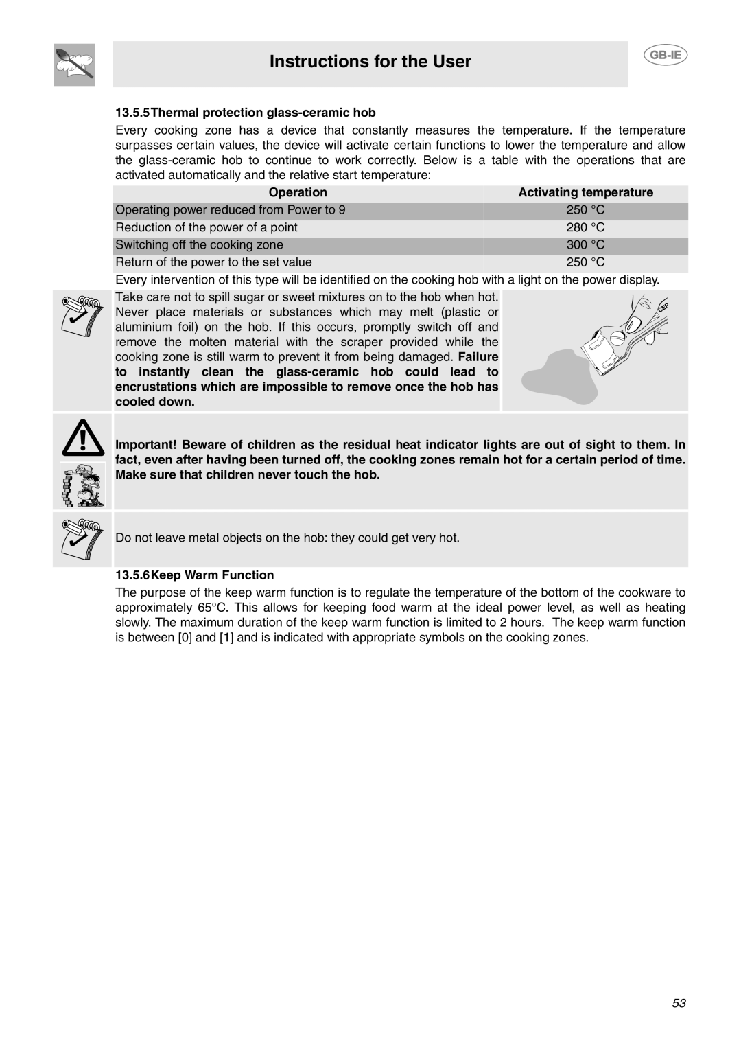 Smeg CE92IMX Instructions for the User, 13.5.5Thermal protection glass-ceramic hob, Operation, Activating temperature 