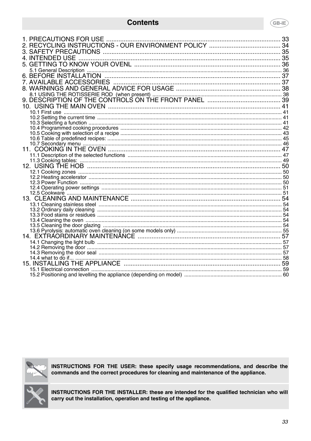 Smeg CE92IPX manual Contents 