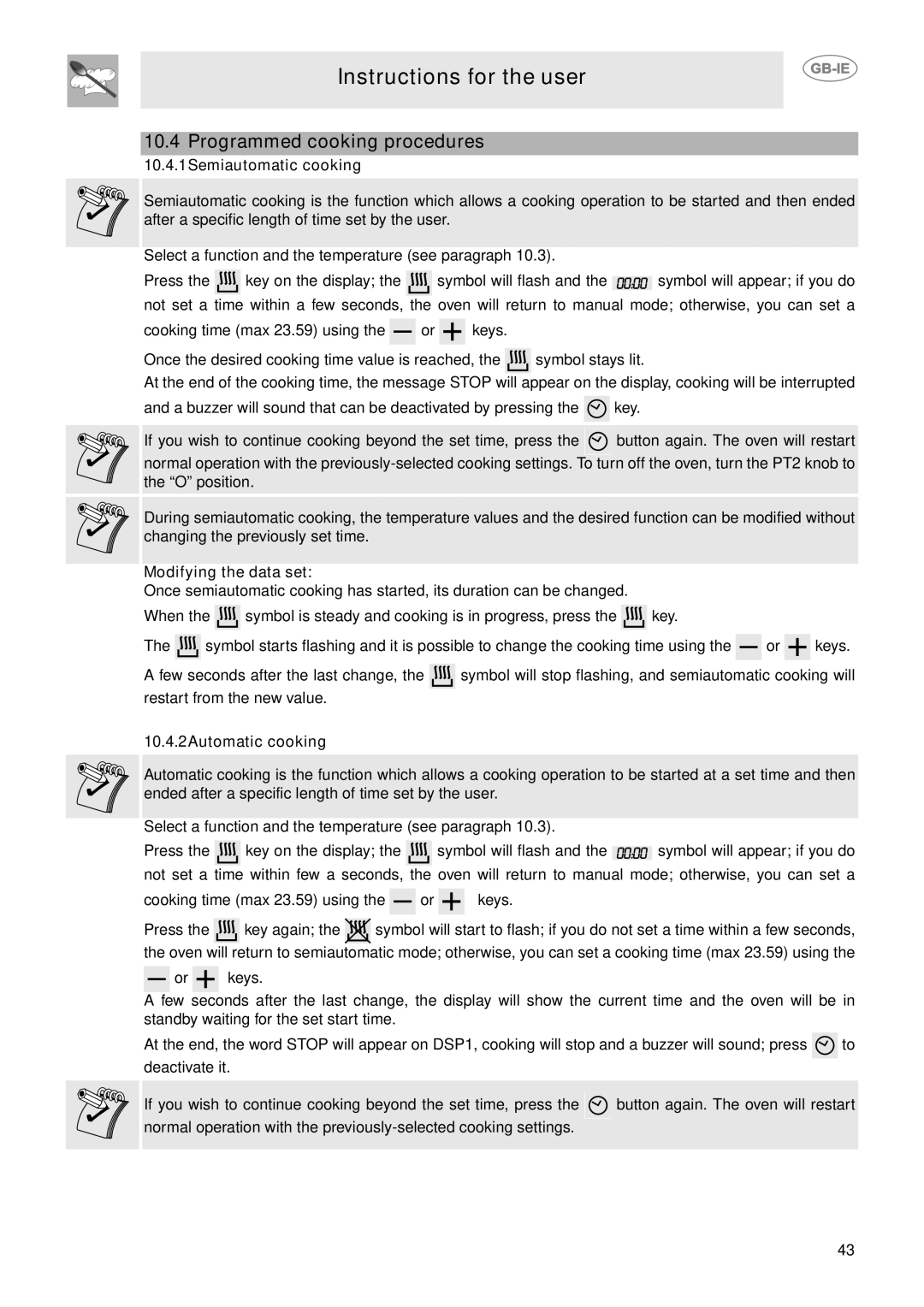 Smeg CE92IPX Programmed cooking procedures, 10.4.1Semiautomatic cooking, Modifying the data set, 10.4.2Automatic cooking 