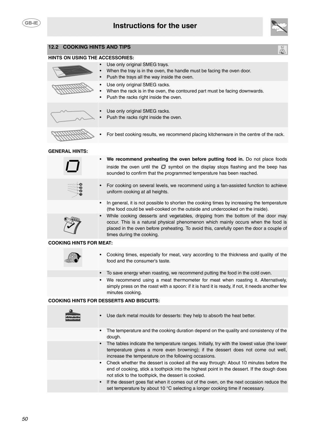 Smeg CE92IPX manual Cooking Hints and Tips, Hints on Using the Accessories 