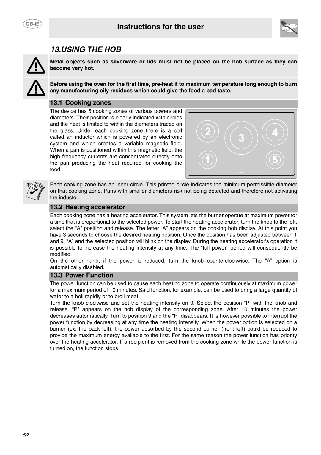 Smeg CE92IPX manual Using the HOB, Cooking zones 