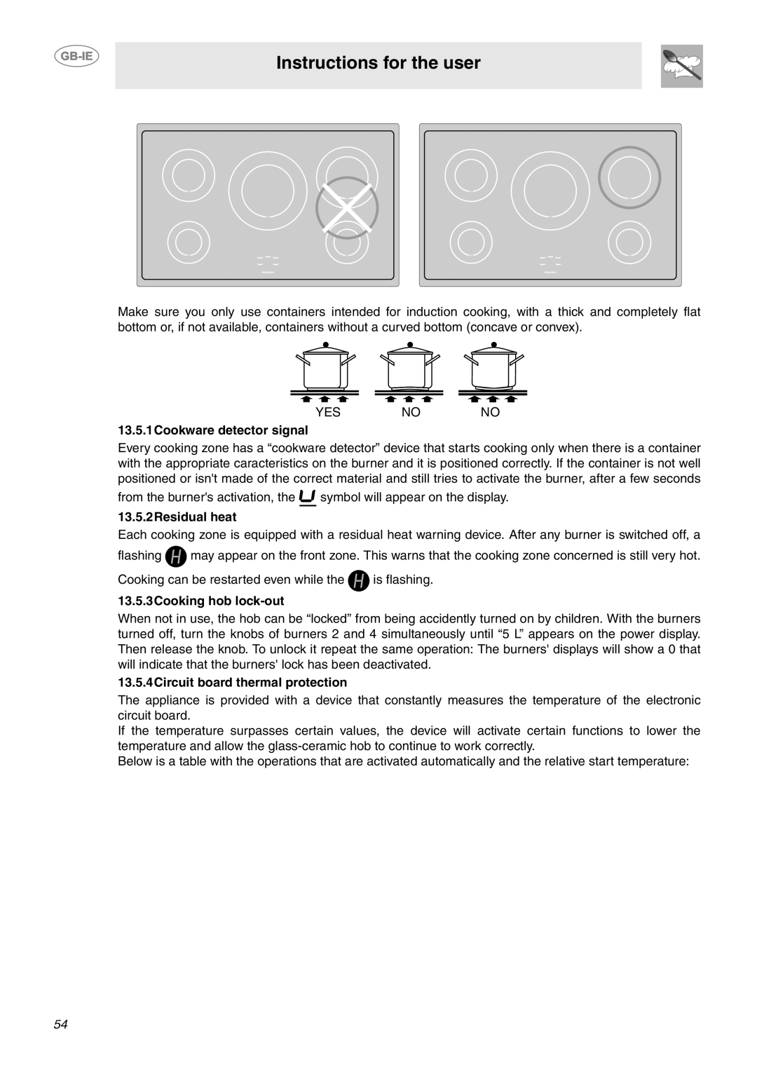 Smeg CE92IPX manual 13.5.1Cookware detector signal, 13.5.2Residual heat, 13.5.3Cooking hob lock-out 