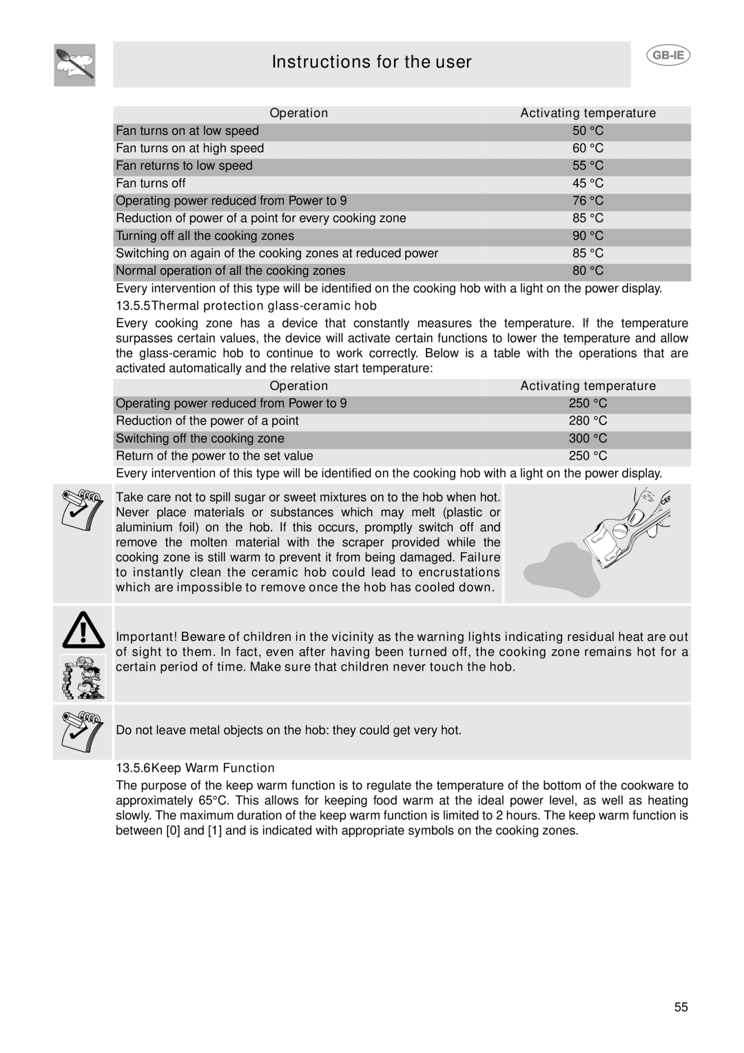 Smeg CE92IPX manual Operation Activating temperature, 13.5.5Thermal protection glass-ceramic hob, 13.5.6Keep Warm Function 