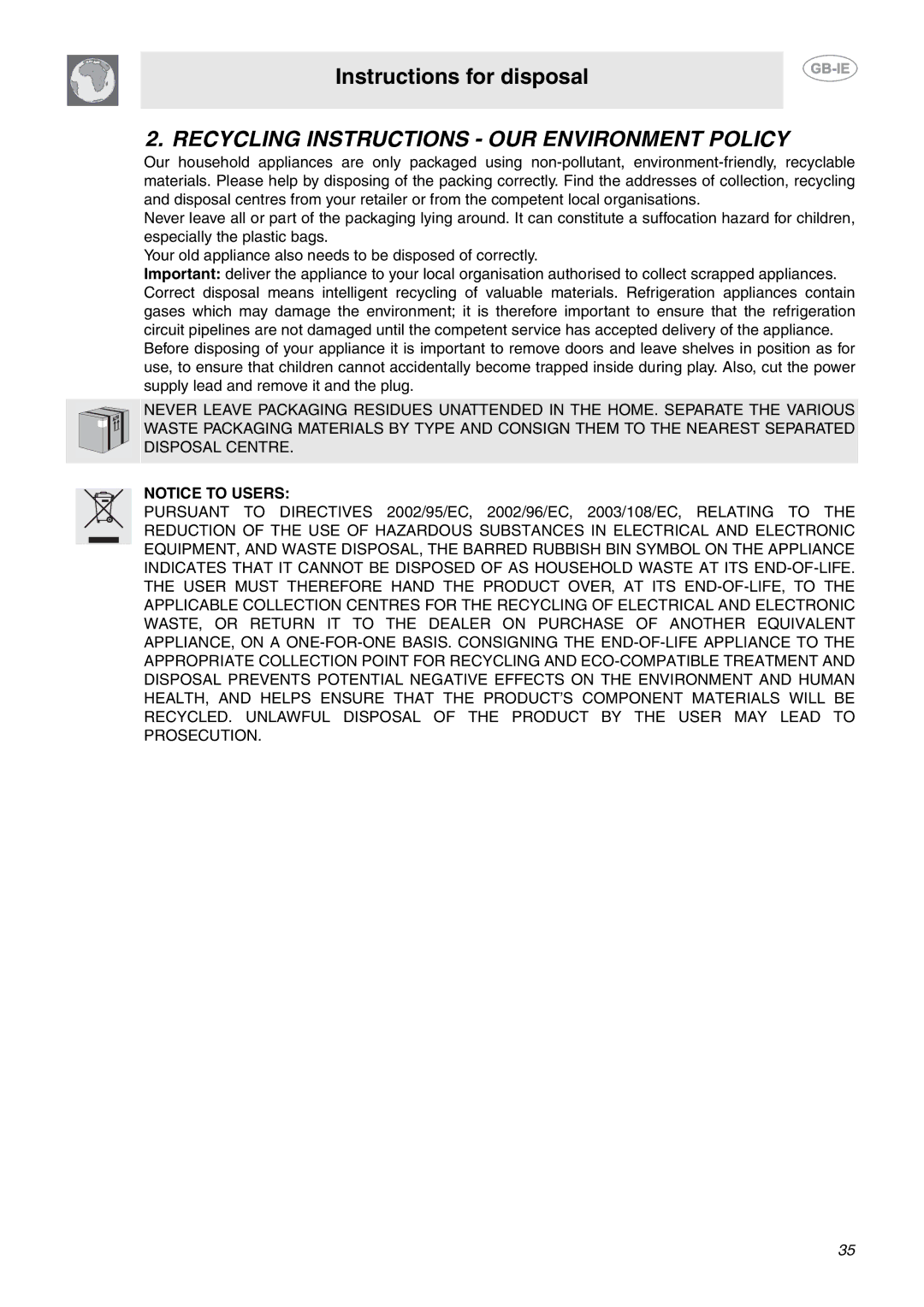 Smeg CE92IPX manual Recycling Instructions OUR Environment Policy 