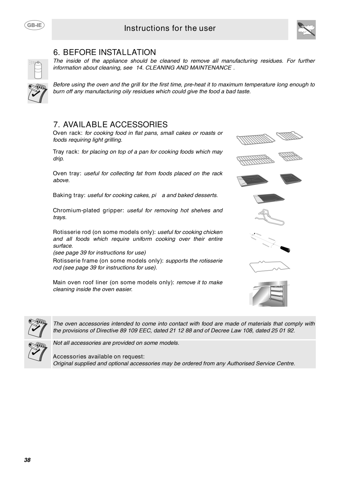 Smeg CE92IPX manual Before Installation, Available Accessories, Accessories available on request 