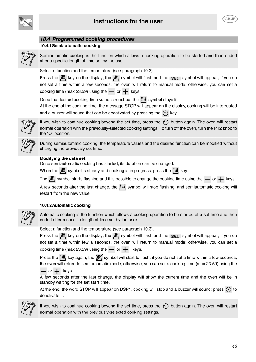 Smeg CE92IPX Programmed cooking procedures, Instructions for the user, 10.4.1Semiautomatic cooking, Modifying the data set 