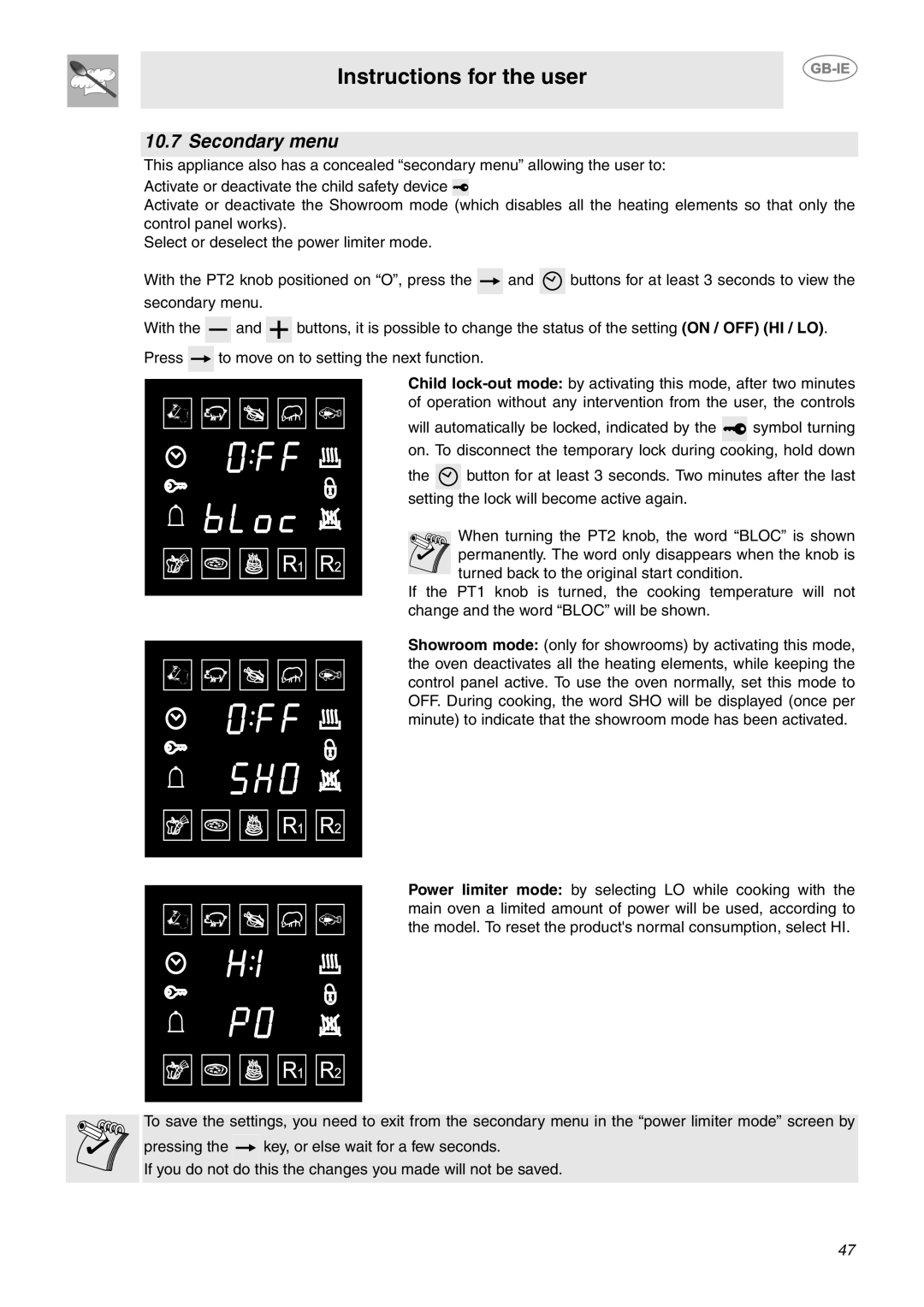 Smeg CE92IPX manual Secondary menu, Instructions for the user 