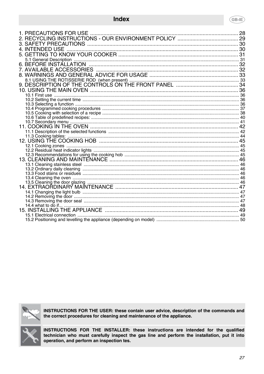 Smeg CE9CMX manual Index 