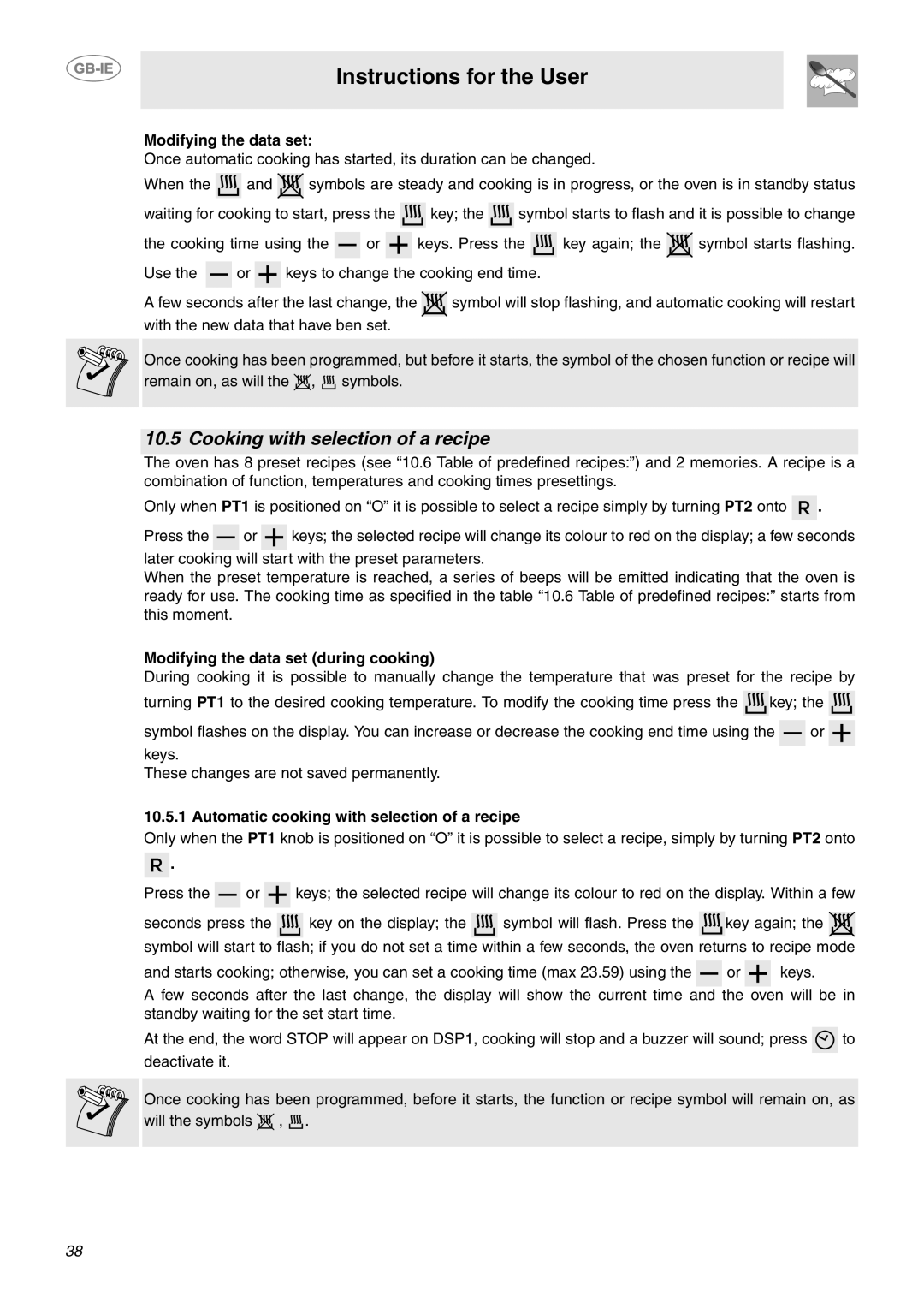 Smeg CE9CMX manual Cooking with selection of a recipe, Modifying the data set during cooking 