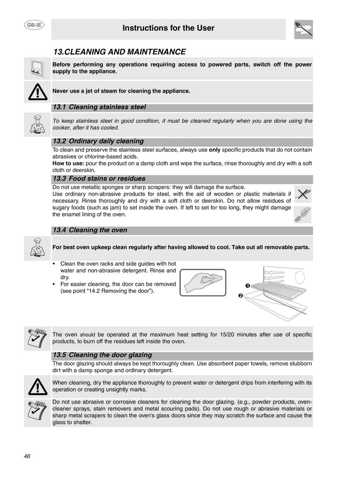 Smeg CE9CMX manual Cleaning and Maintenance 