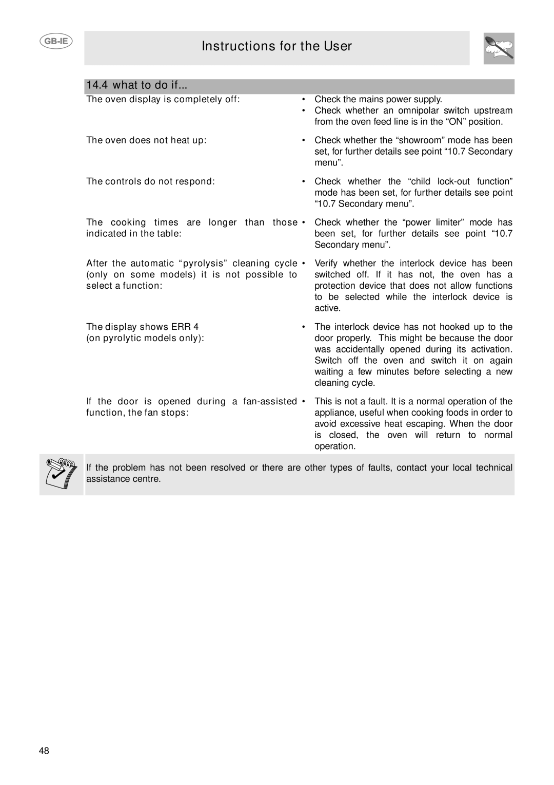 Smeg CE9CMX manual What to do if, Oven display is completely off, Oven does not heat up, Controls do not respond 