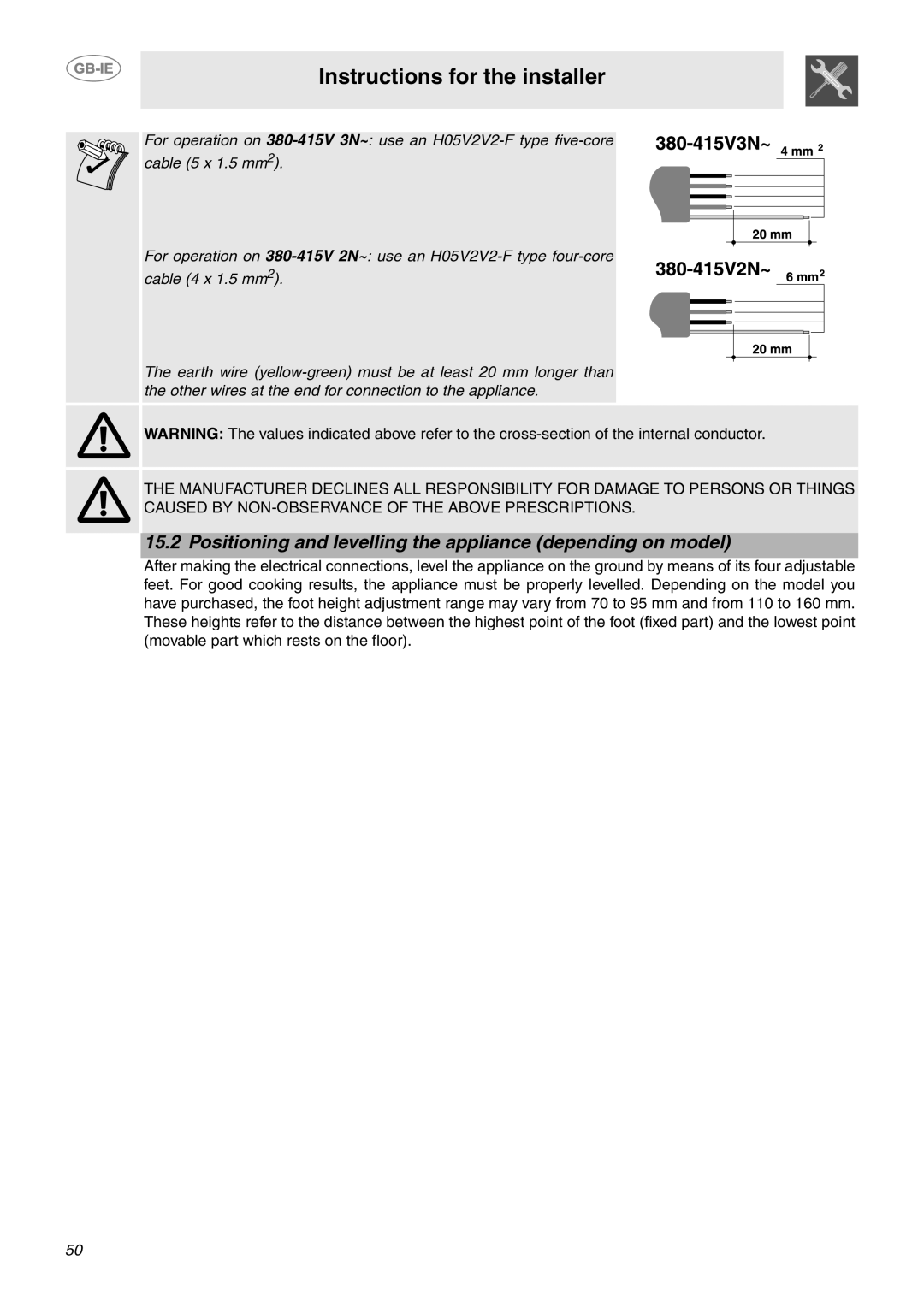 Smeg CE9CMX manual Positioning and levelling the appliance depending on model 