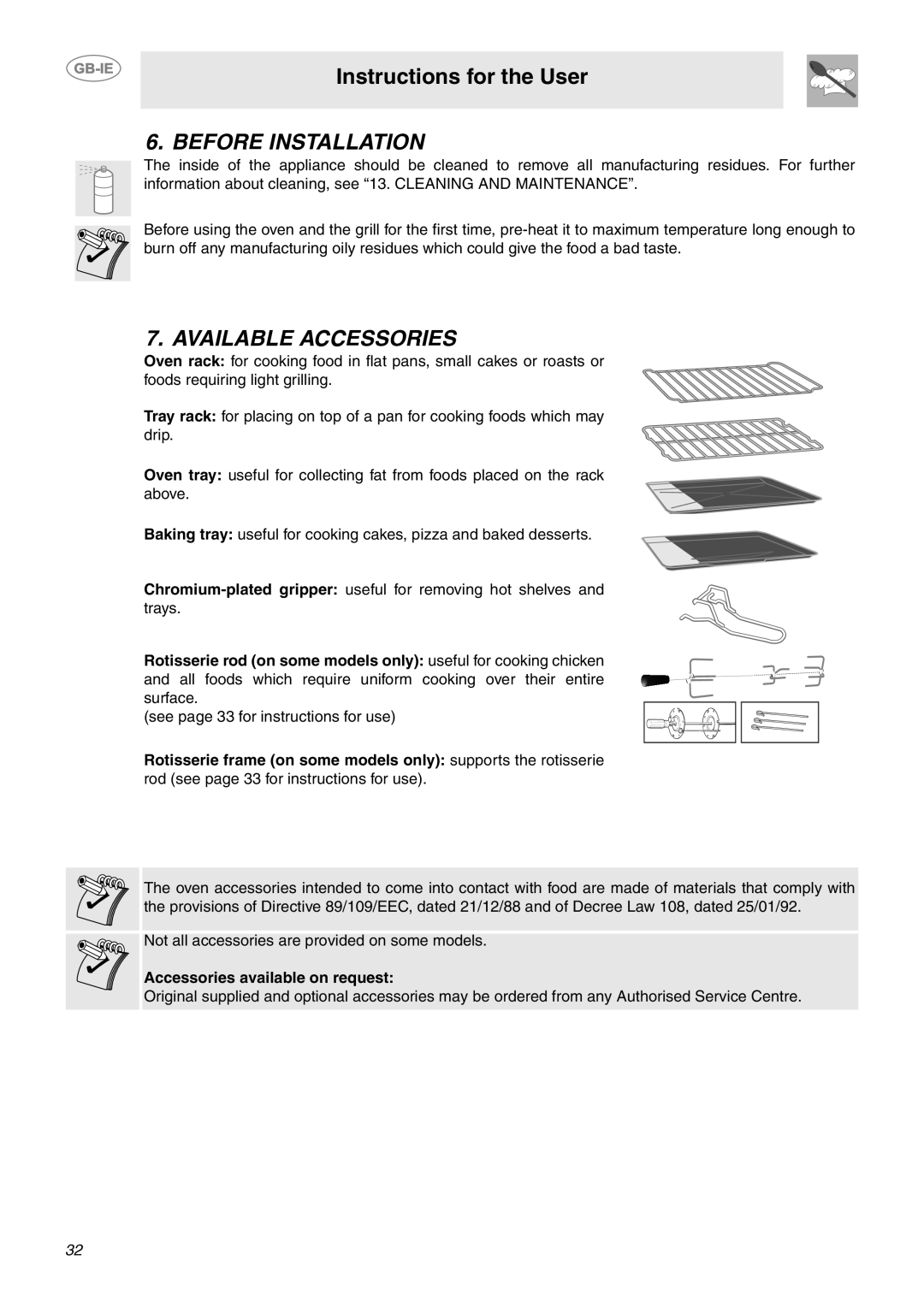 Smeg CE9CMX manual Before Installation, Available Accessories, Accessories available on request 