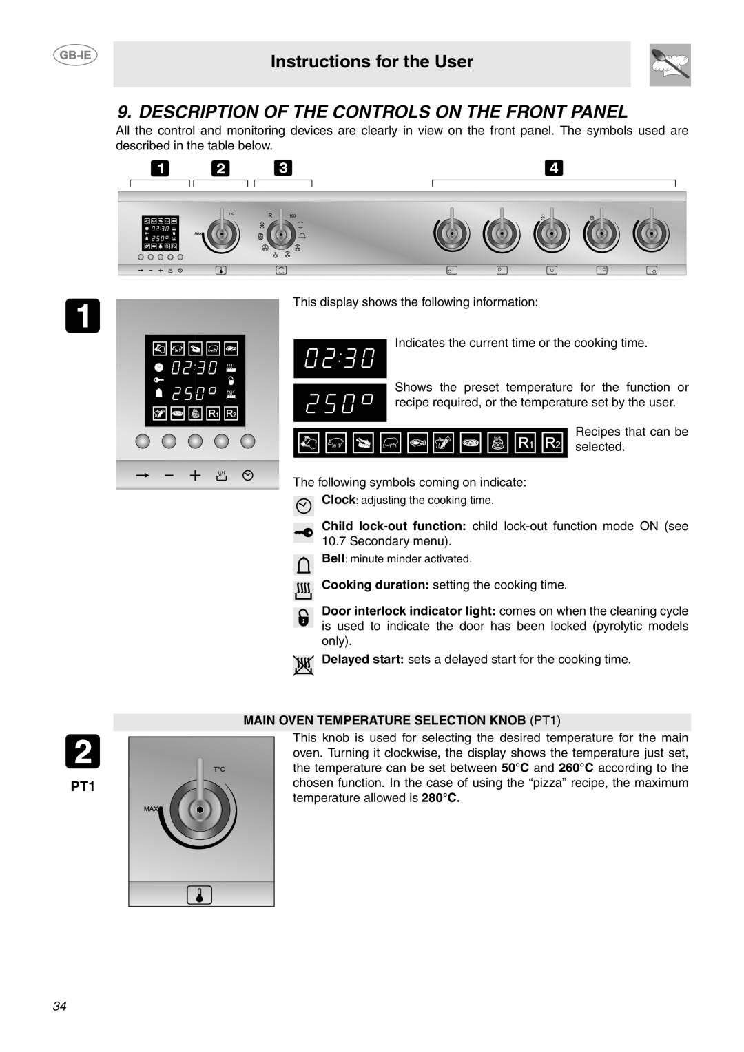 Smeg CE9CMX manual Description of the Controls on the Front Panel, Main Oven Temperature Selection Knob PT1 