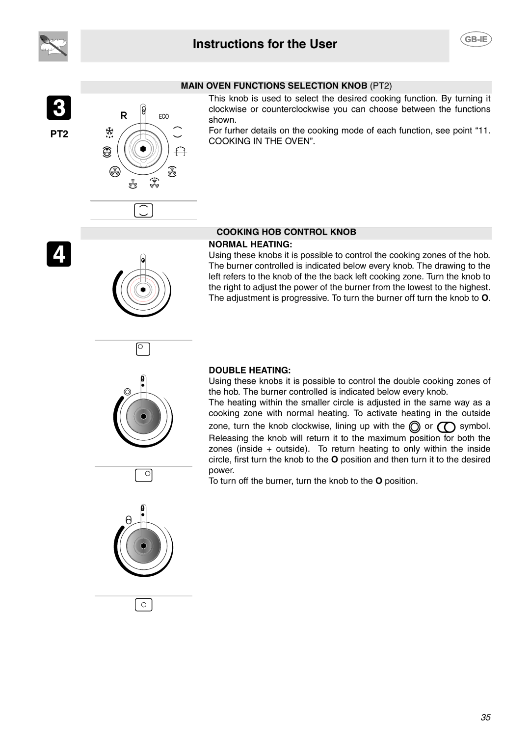 Smeg CE9CMX manual Main Oven Functions Selection Knob PT2, Cooking HOB Control Knob Normal Heating, Double Heating 